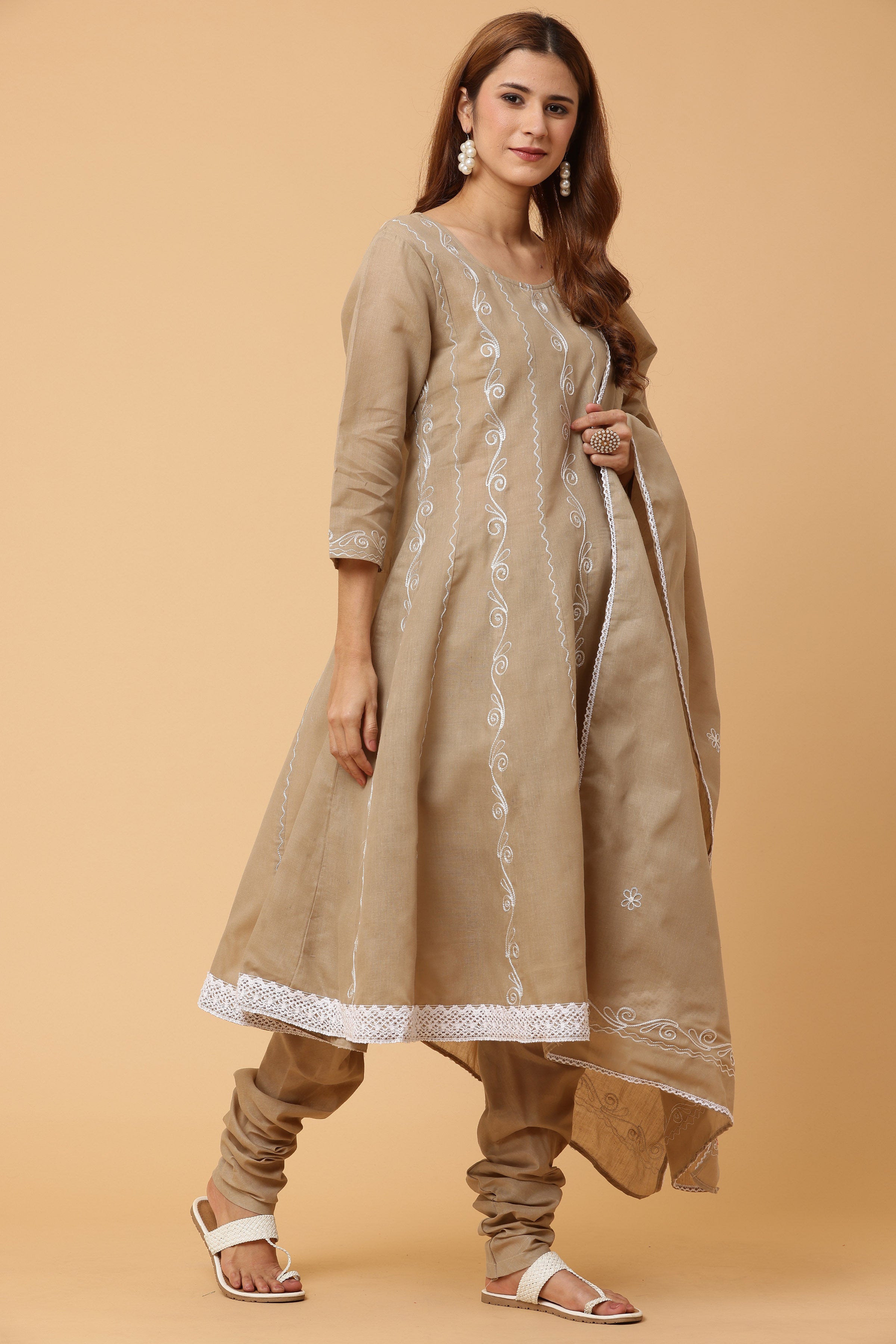 Kaanchie Nanggia Beige Kalidar Emb Kurta Chudidar with Dupatta (Set of 3)