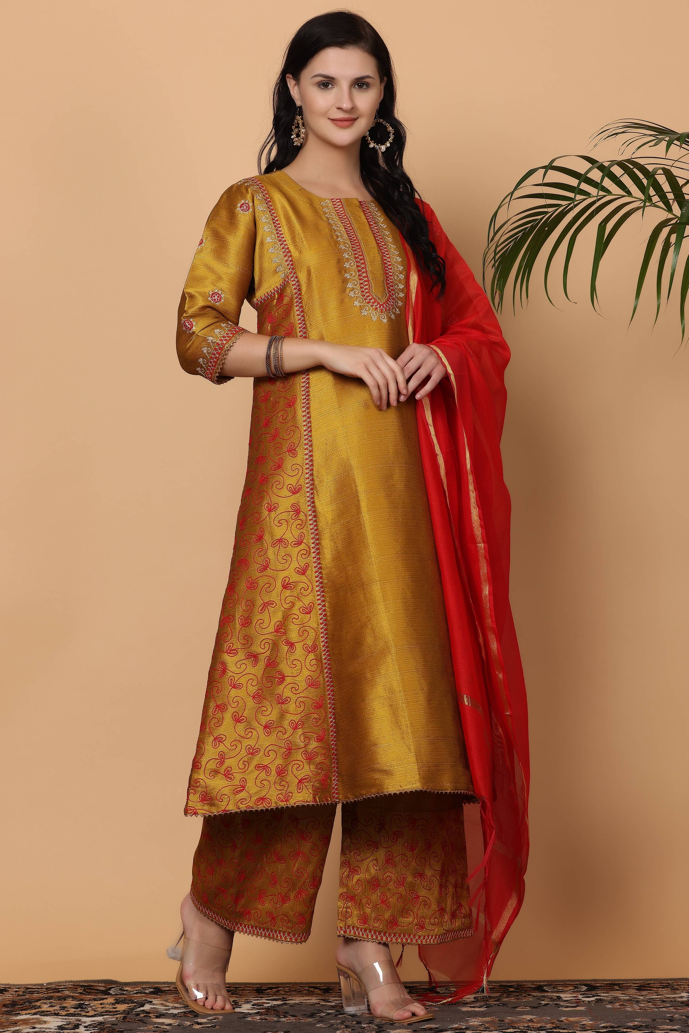 Kaanchie Nanggia Mustard Embroidered Kurta Palazzo with Dupatta (Set of 3)