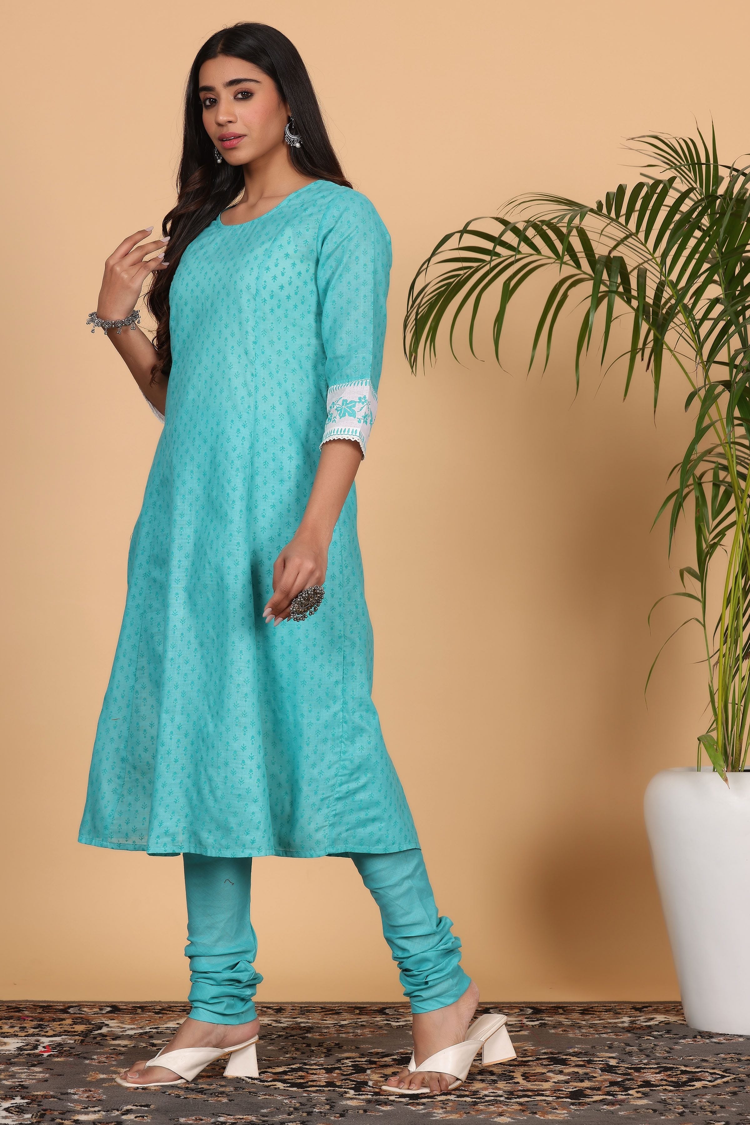 Kaanchie Nanggia Turquoise Printed Kurta Dupatta with Churidar (Set of 3)