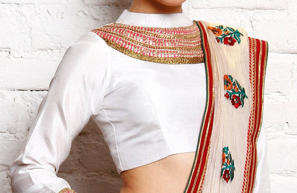 Kaanchie Nanggia White Blue Silk Embroidered Blouse