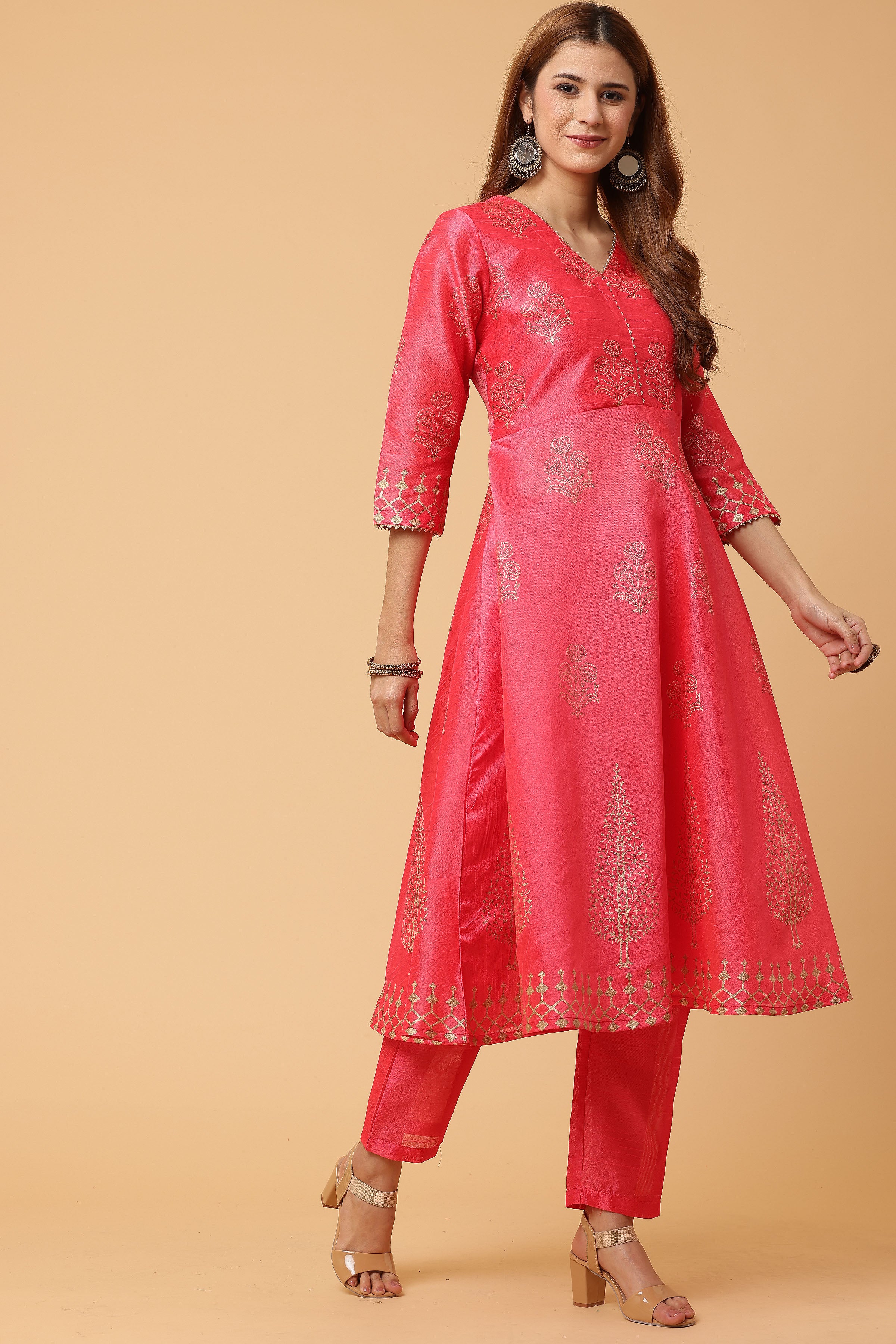 Kaanchie Nanggia Pink Flared Printed Kurta with Pant (Set of 2)
