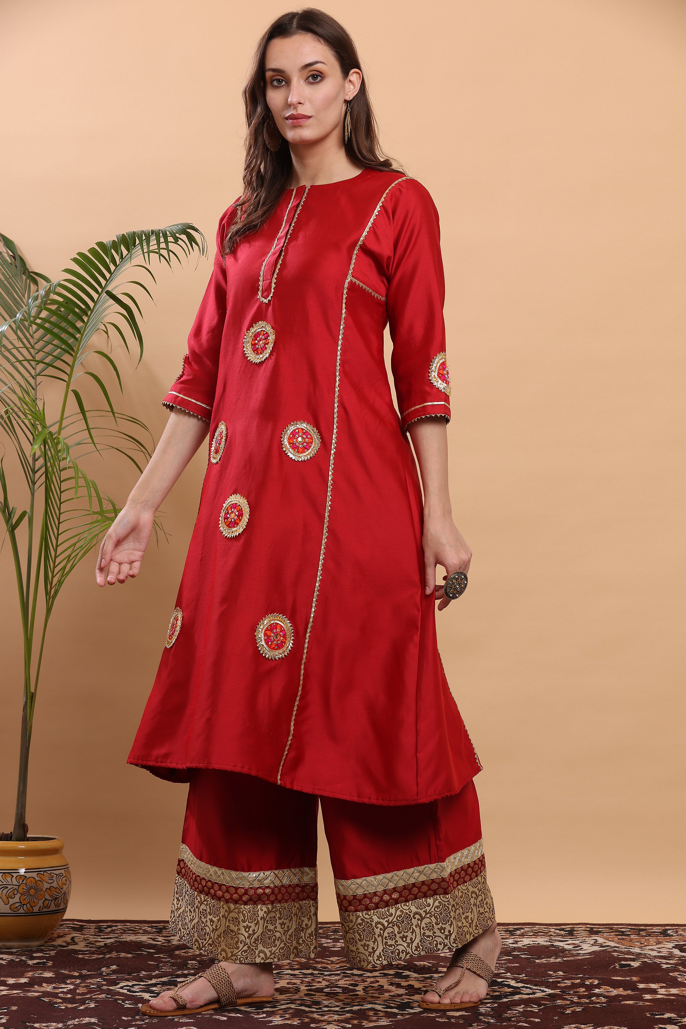 Kaanchie Nanggia Red Flayred Gota Work Kurta Palazzo (Set of 2)