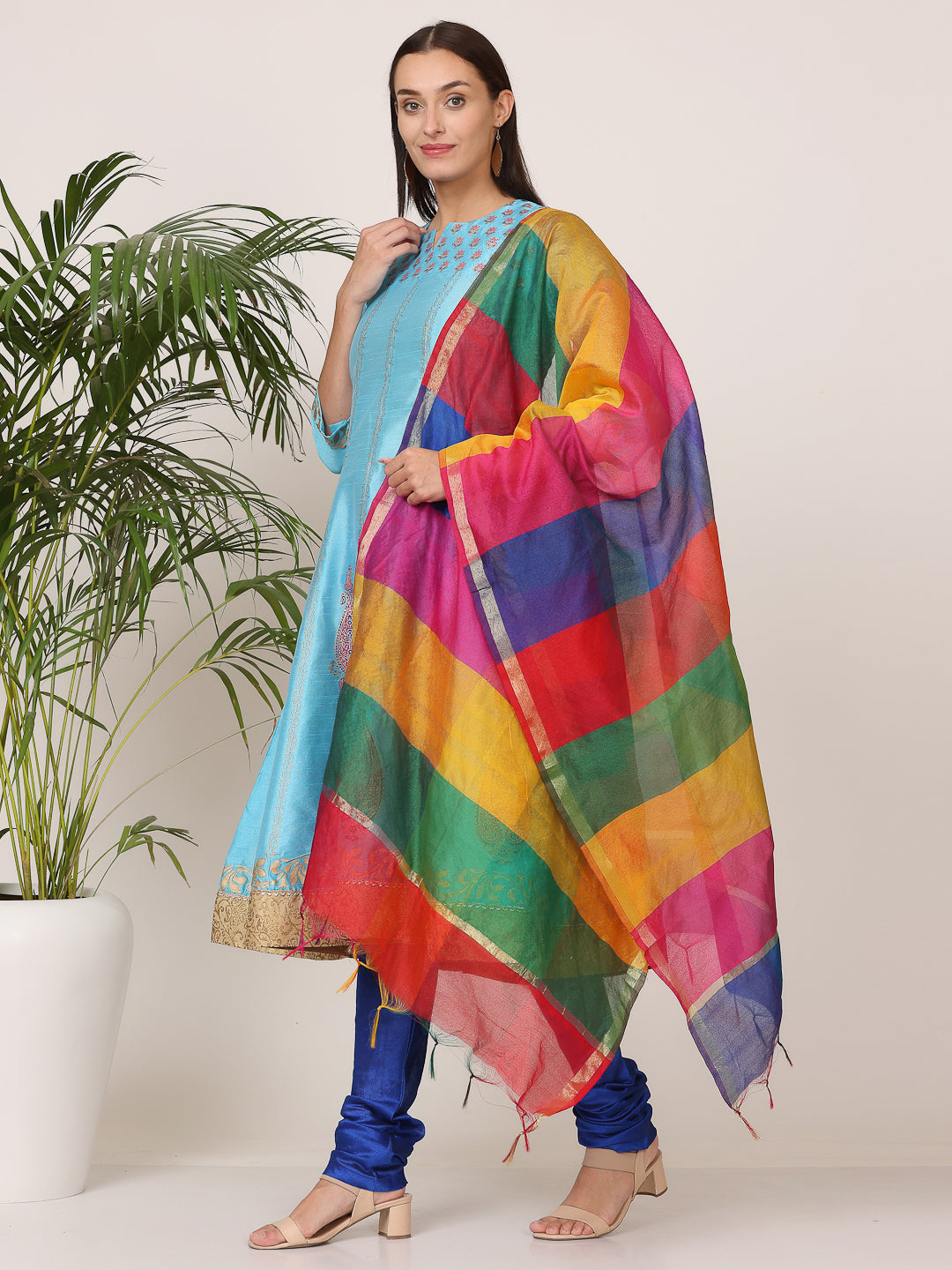 Kaanchie Nanggia Turquoise Silk Printed Anarkali Churidar with Dupatta (Set of 3)