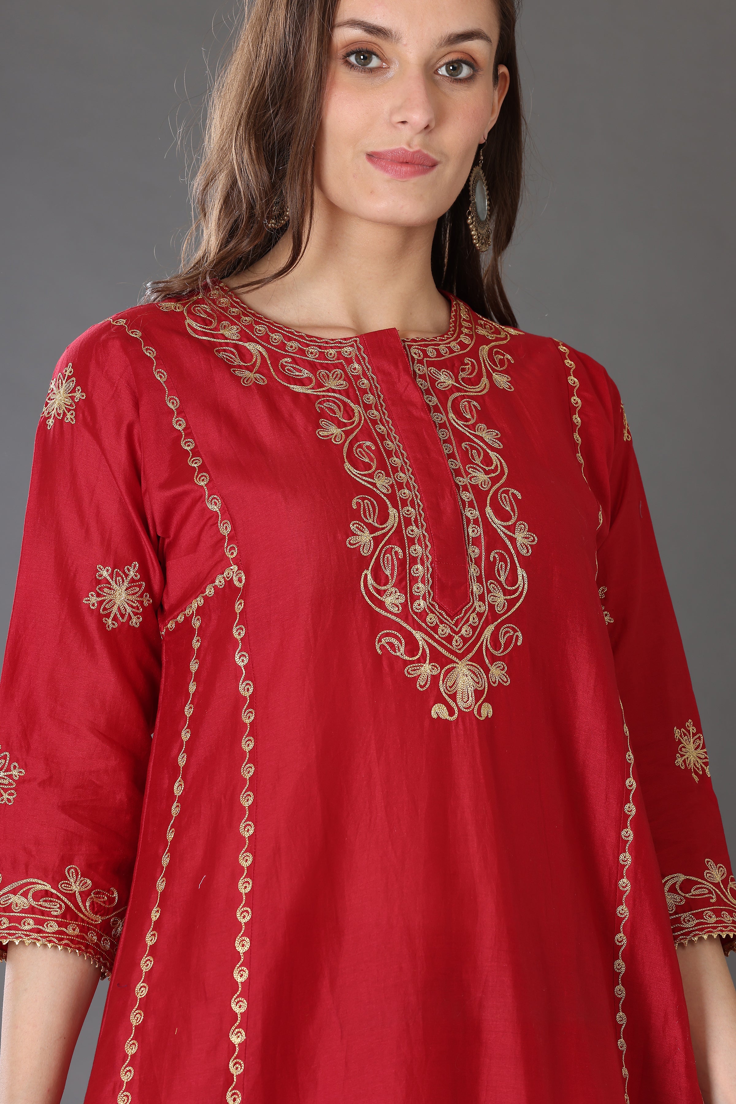 Kaanchie Nanggia Red Embroidered Cotton Silk Kurta Palazzo (Set of 2)