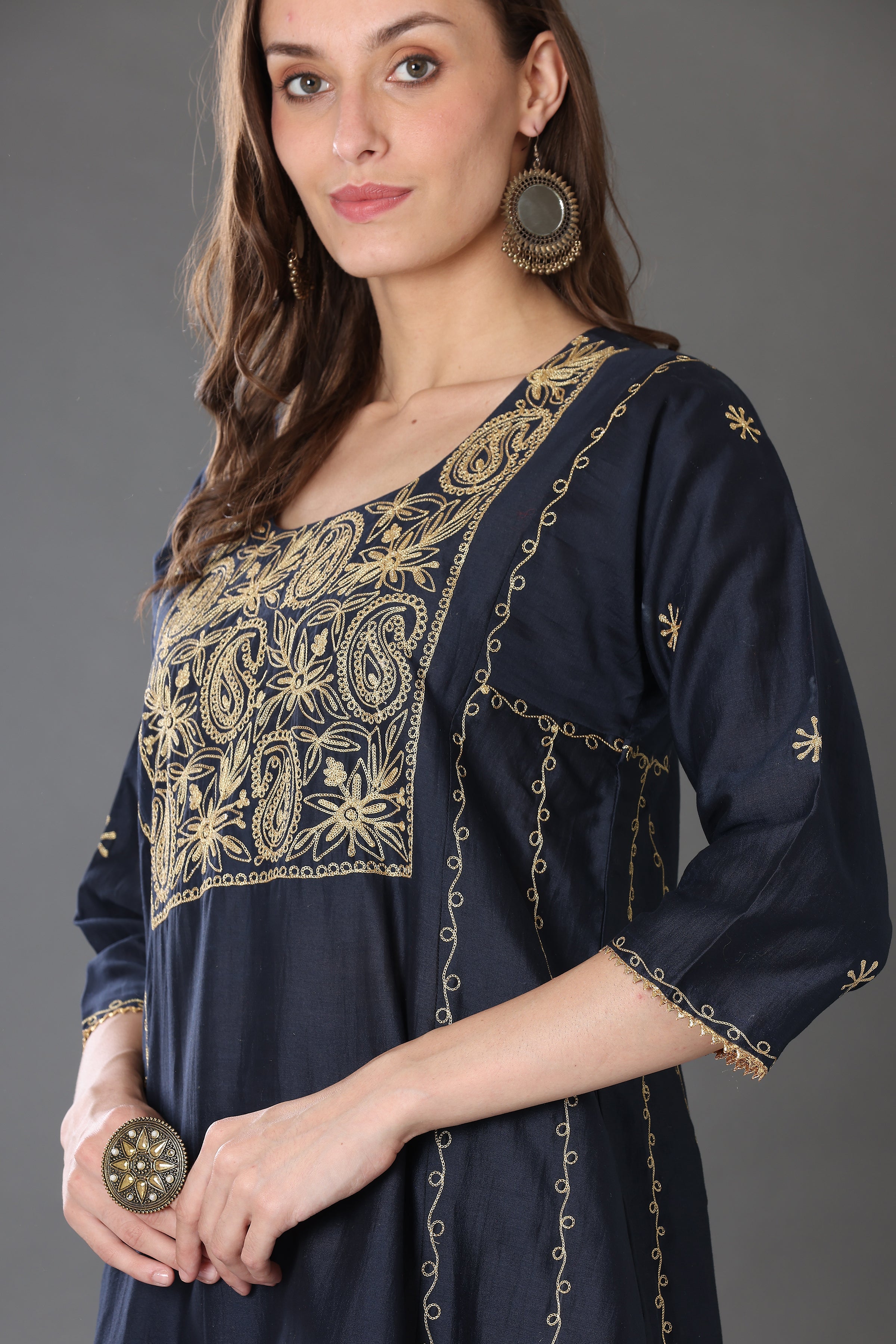 Kaanchie Nanggia Navy Blue Embroidered Cotton Silk Kurta Palazzo (Set of 2)