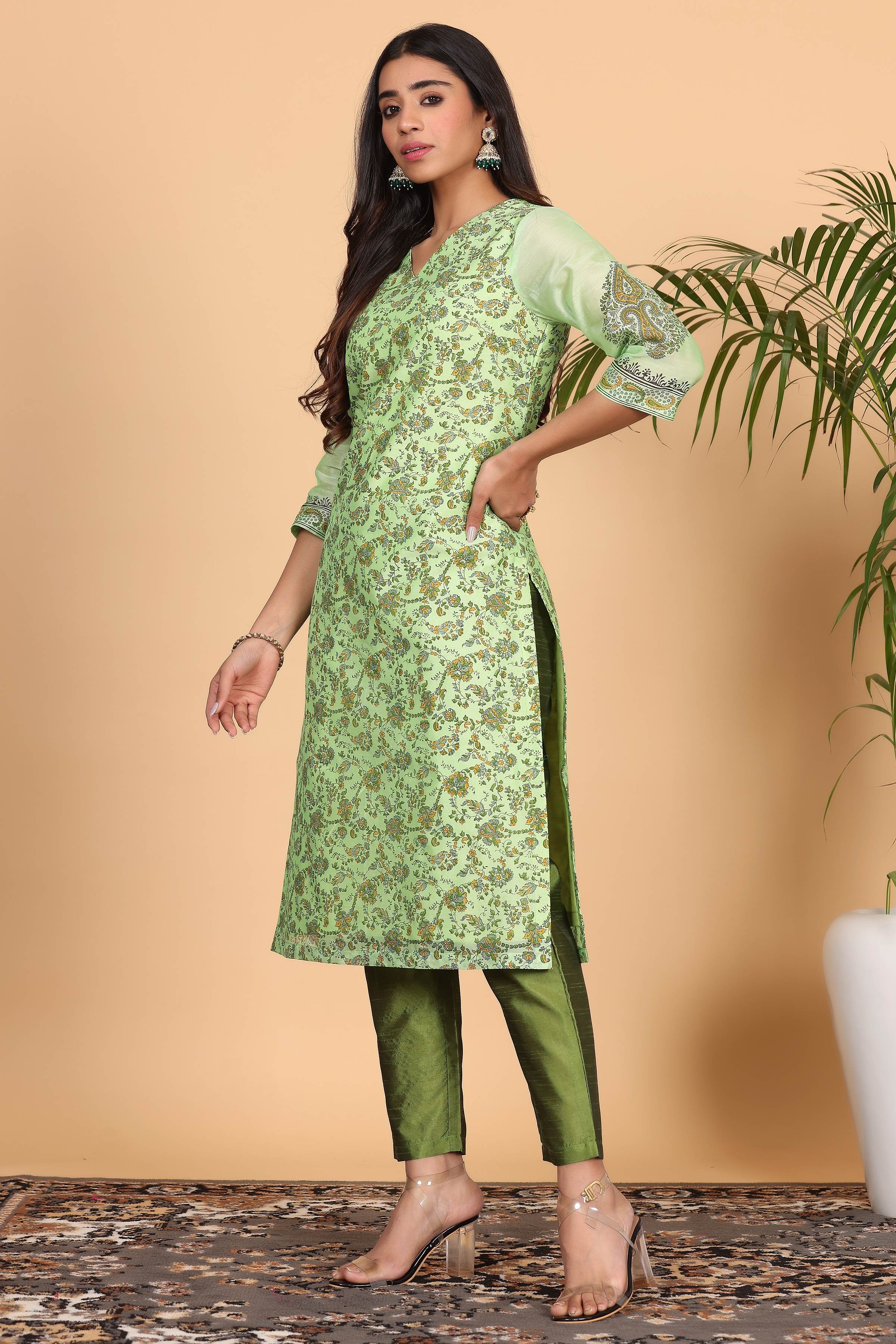 Kaanchie Nanggia Lite Green Chanderi Printed Kurta Dupatta with Pants (Set of 3)