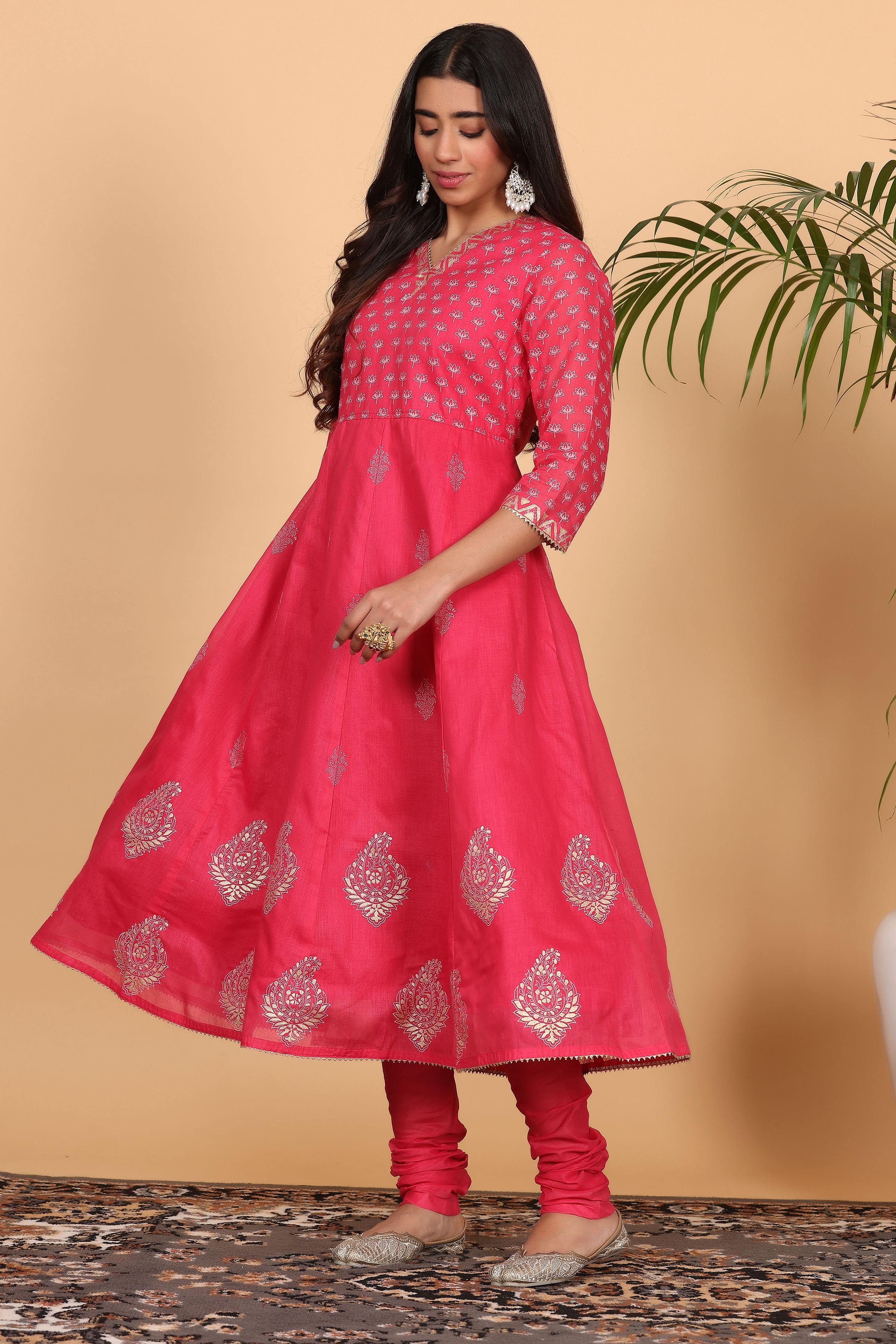 Kaanchie Nanggia Pink Printed Anarkali Kurta Dupatta with Churidar (Set of 3)