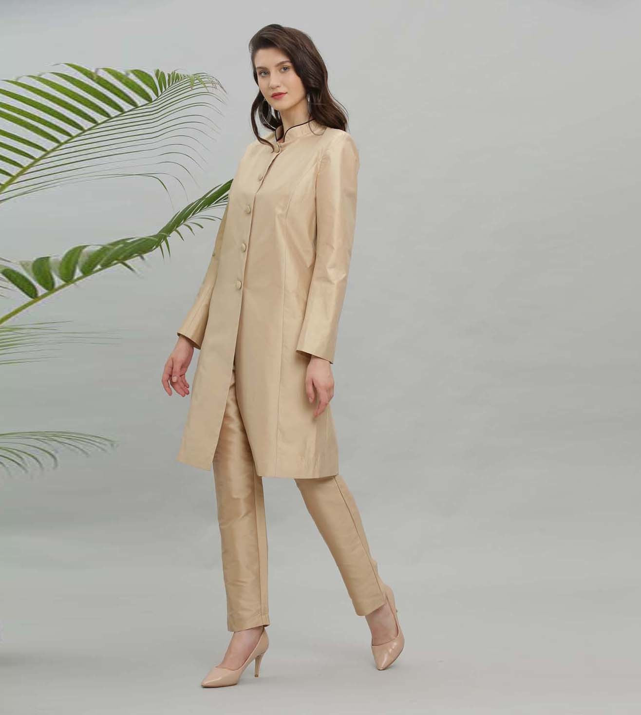 Kaanchie Nanggia Gold Solid Jacket Kurta And Pant - (Set of 2)