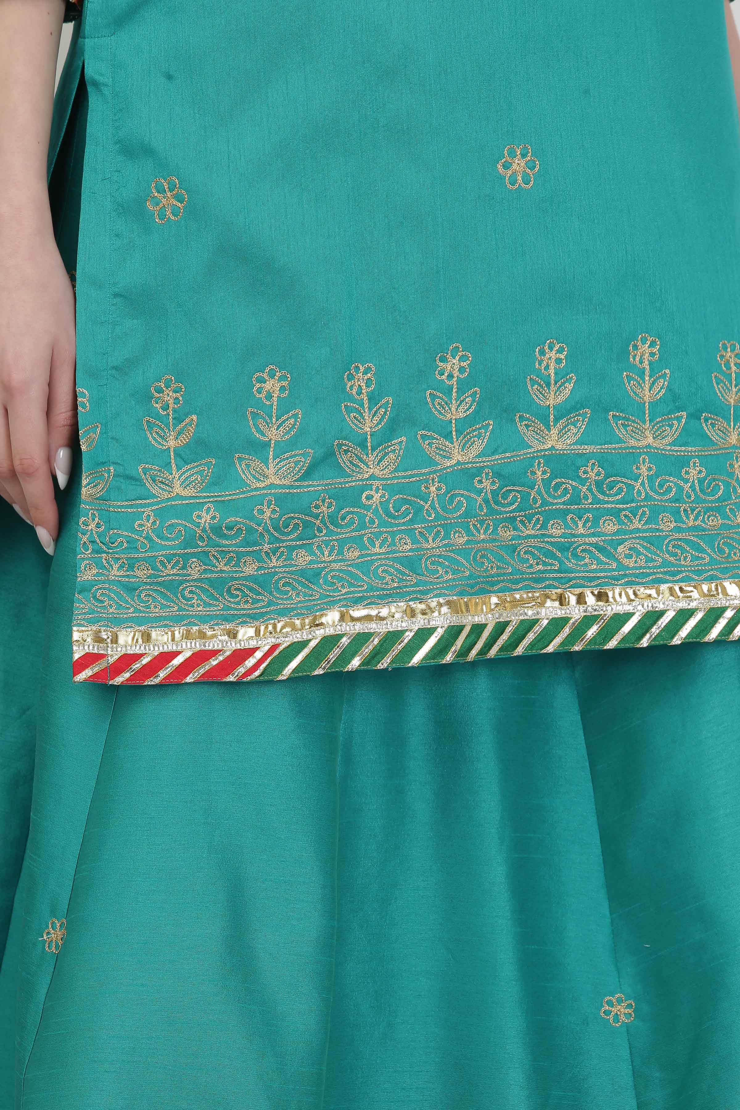 Kaanchie Nanggia Turquoise Blue Embroidered Thread Work Silk Ready to Wear Lehenga & Kurta With Dupatta (Set of 3)