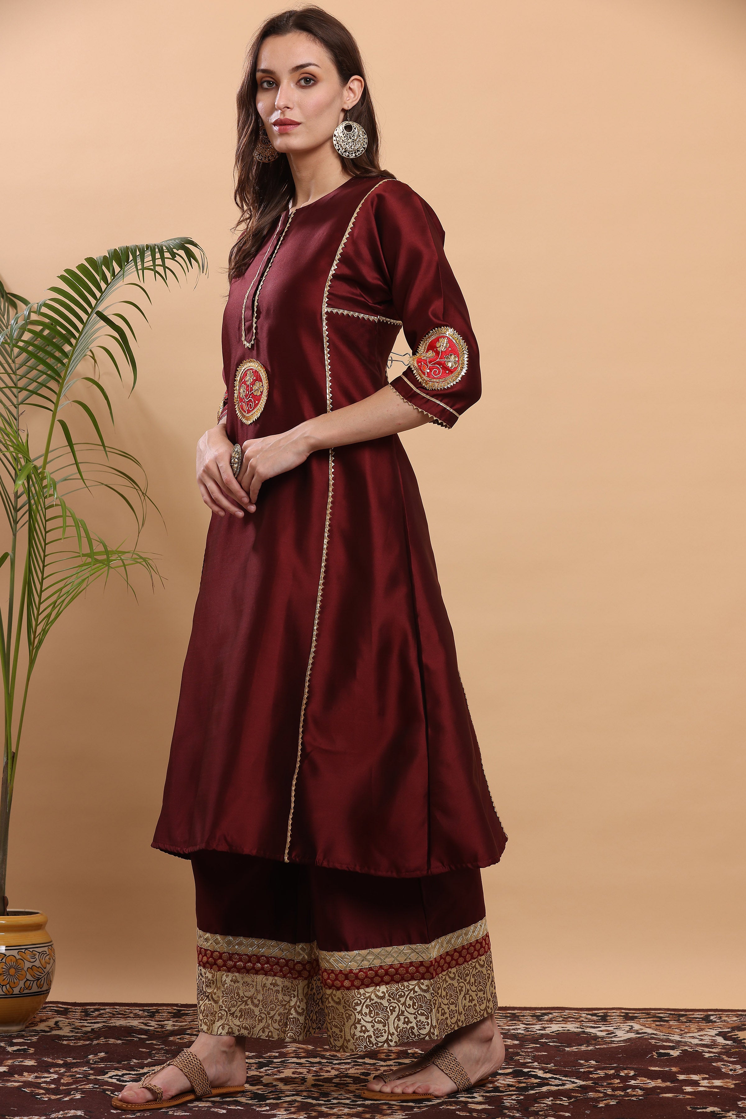 Kaanchie Nanggia Maroon Flayred Gota Work Kurta Palazzo (Set of 2)