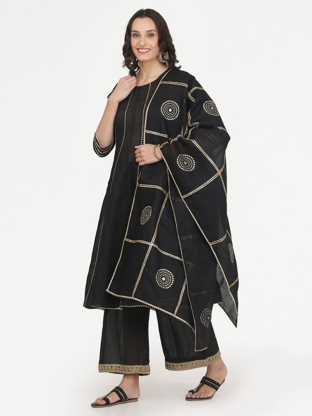 Kaanchie Nanggia Black Gota Work Kurta Pant with Printed Dupatta (Set of 3)
