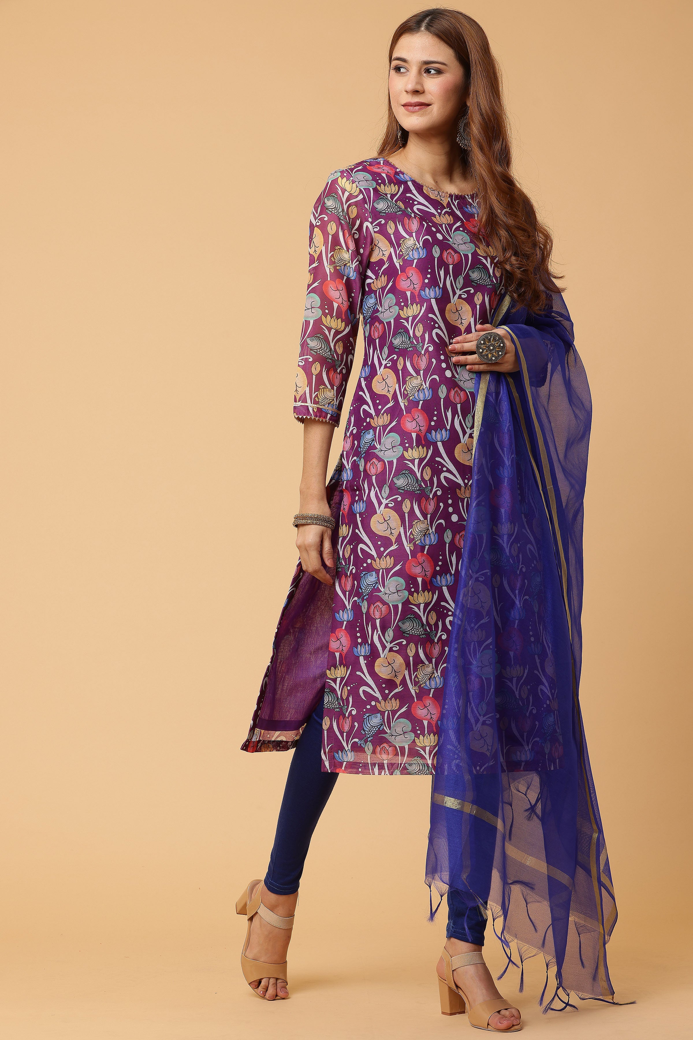 Kaanchie Nanggia Purple Digital Printed Kurta Legging with Dupatta (Set of 3)