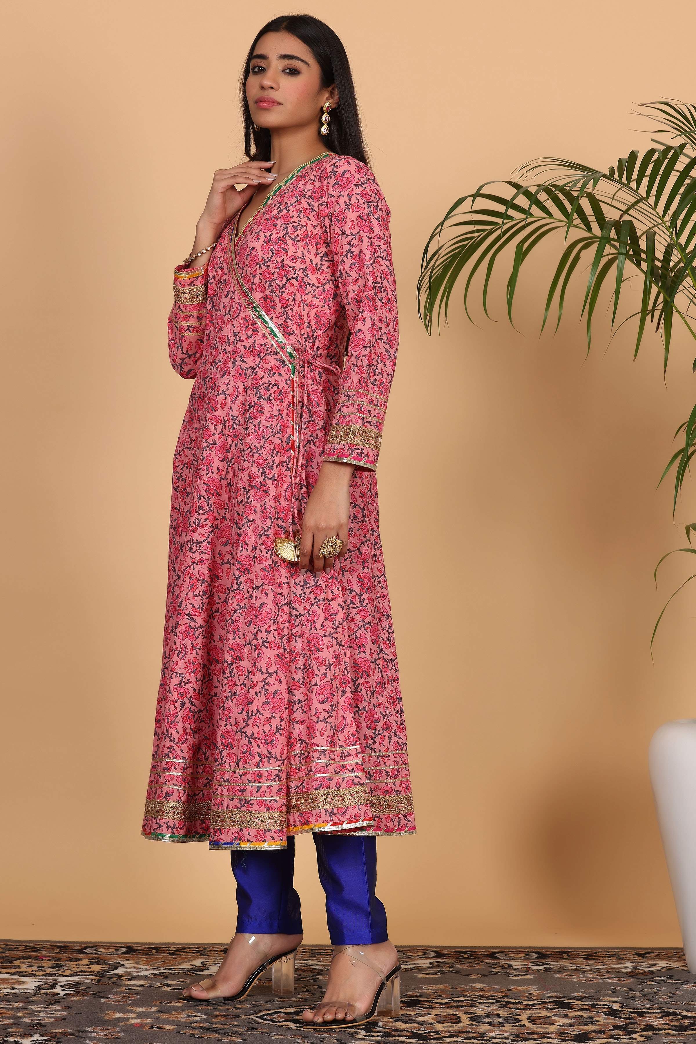 Kaanchie Nanggia Pink Cotton Printed Anarkali Kurta with Dupatta and Pants (Set of 3)