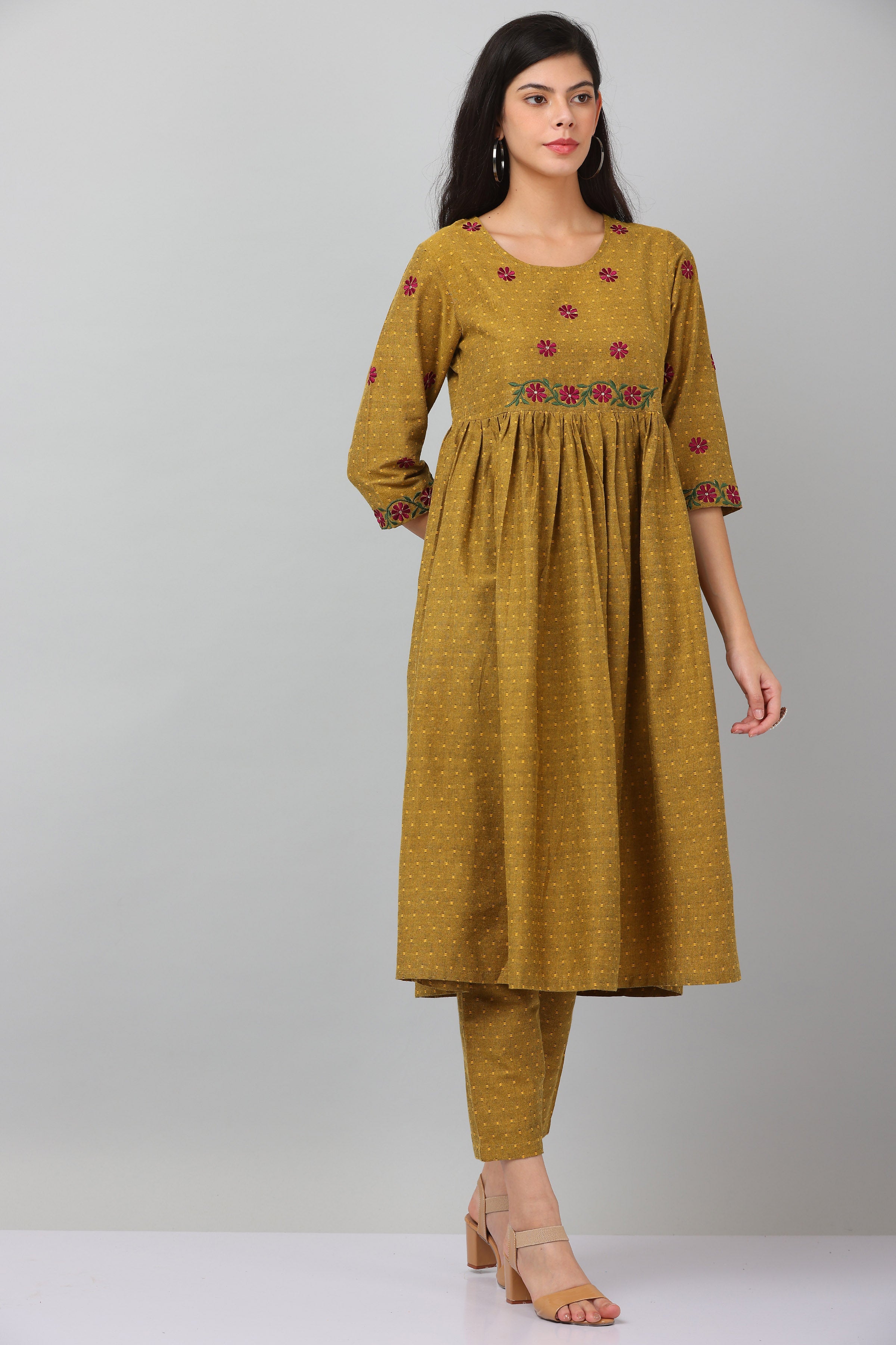 Kaanchie Nanggia Mustard Flared Kurta & Pants (Set of 2)