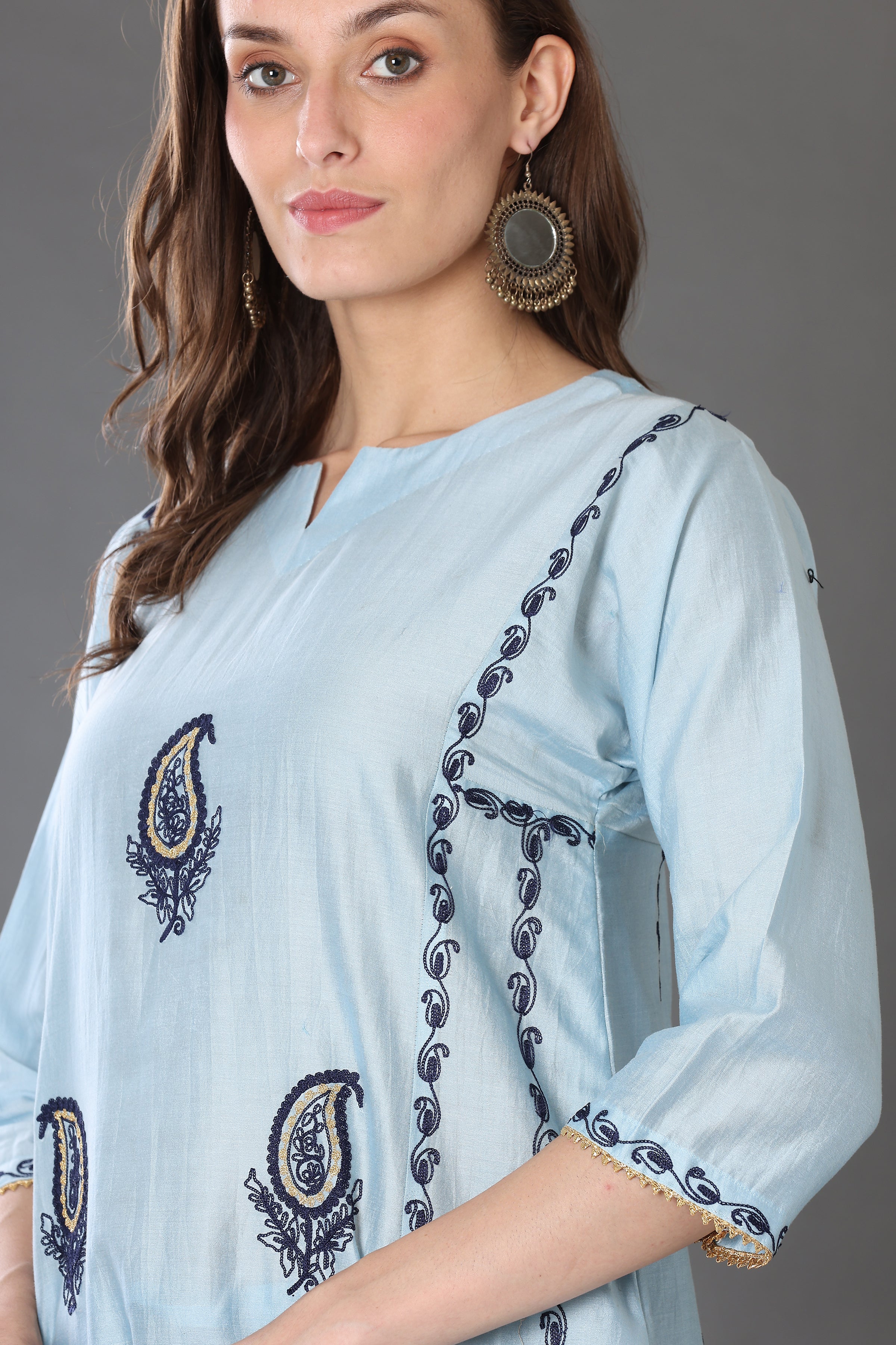 Kaanchie Nanggia Firoji Embroidered Cotton Silk Kurta Palazzo (Set of 2)