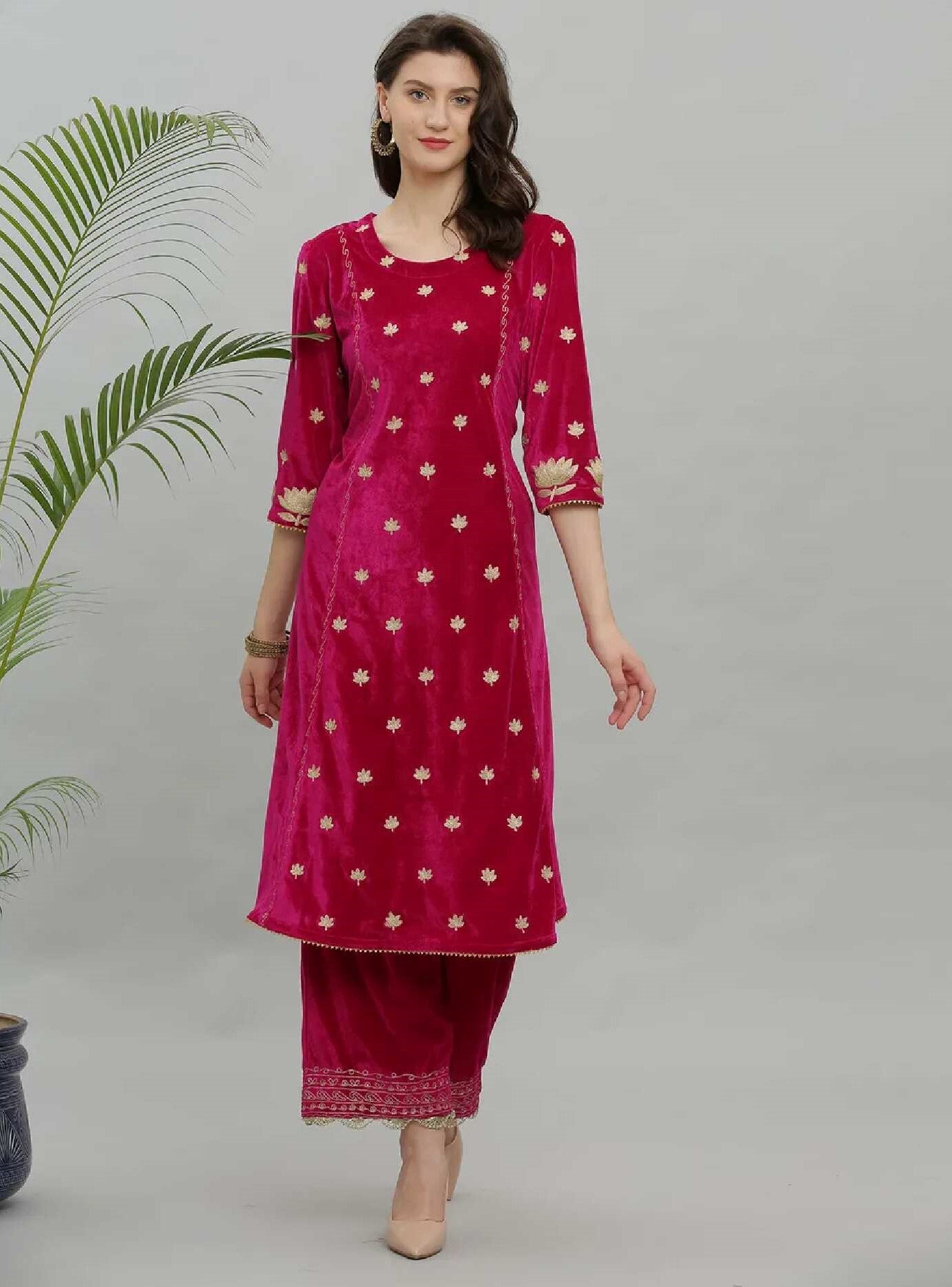 Kaanchie Nanggia Pink Embroidery Velvet Kurta Pallazo - (Set of 2)