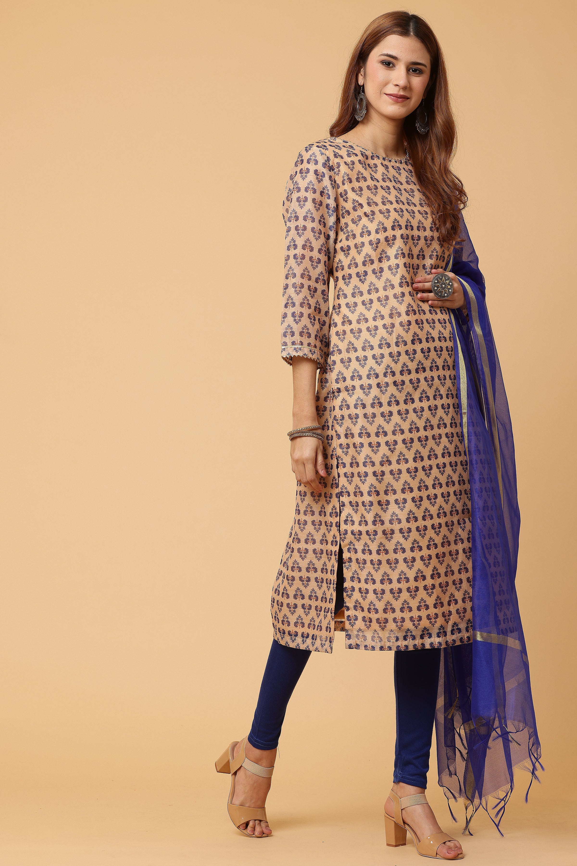 Kaanchie Nanggia Beige Digital Printed Kurta Legging with Dupatta (Set of 3)