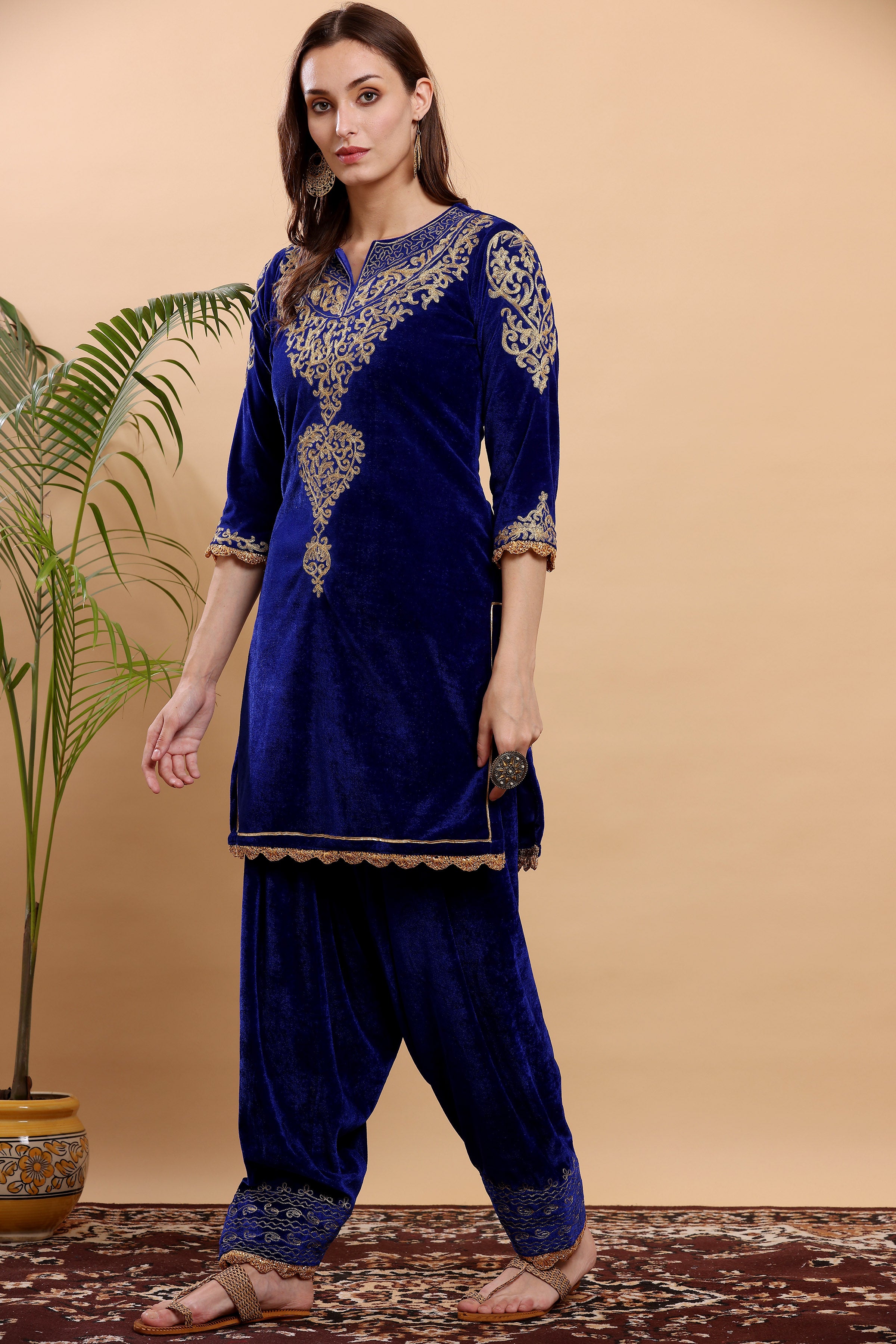 Kaanchie Nanggia Royal Blue Embroidered Kurta Salwar (Set of 2)