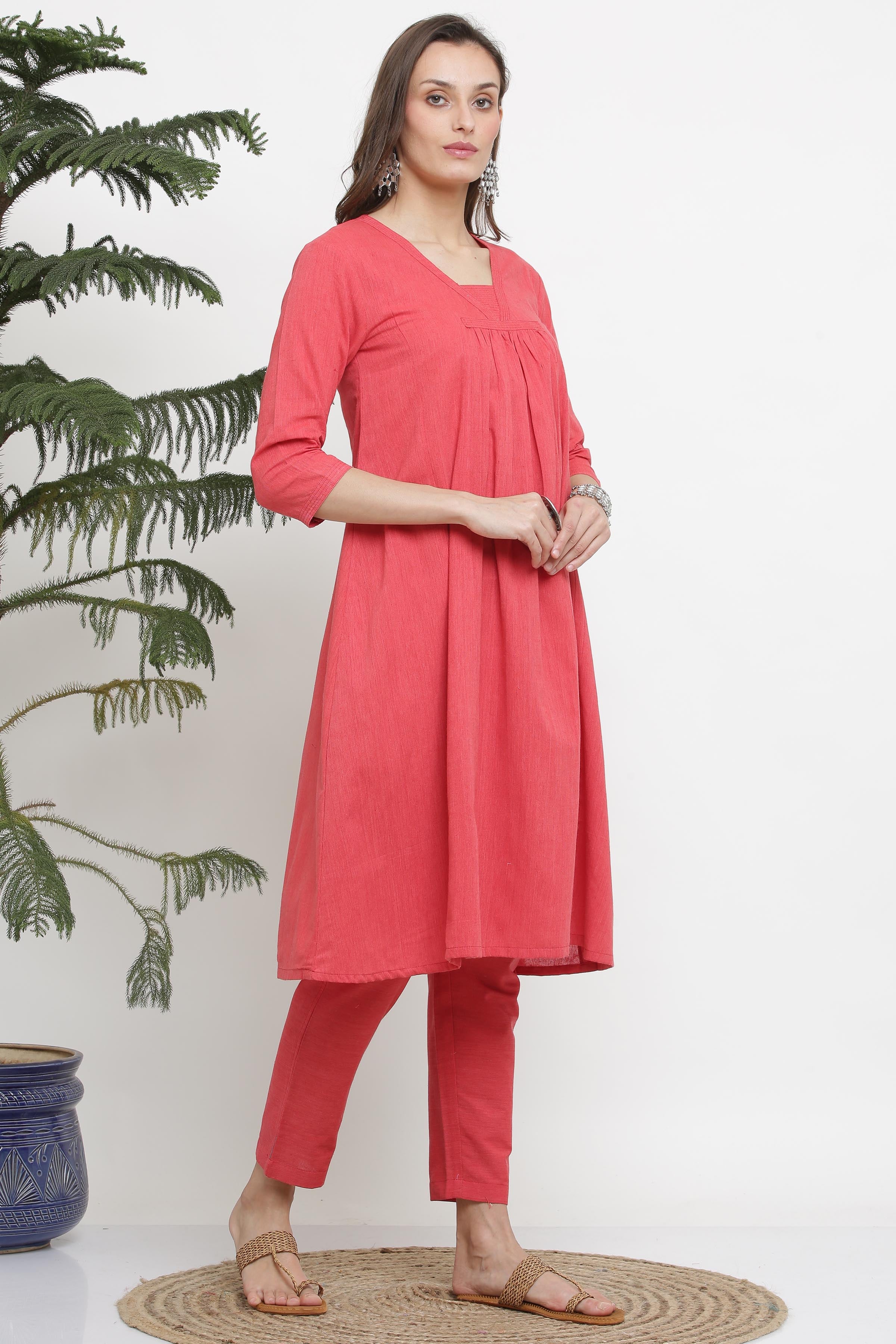 Kaanchie Nanggia Peach Cotton Flayred Kurta Pant (Set of 2)