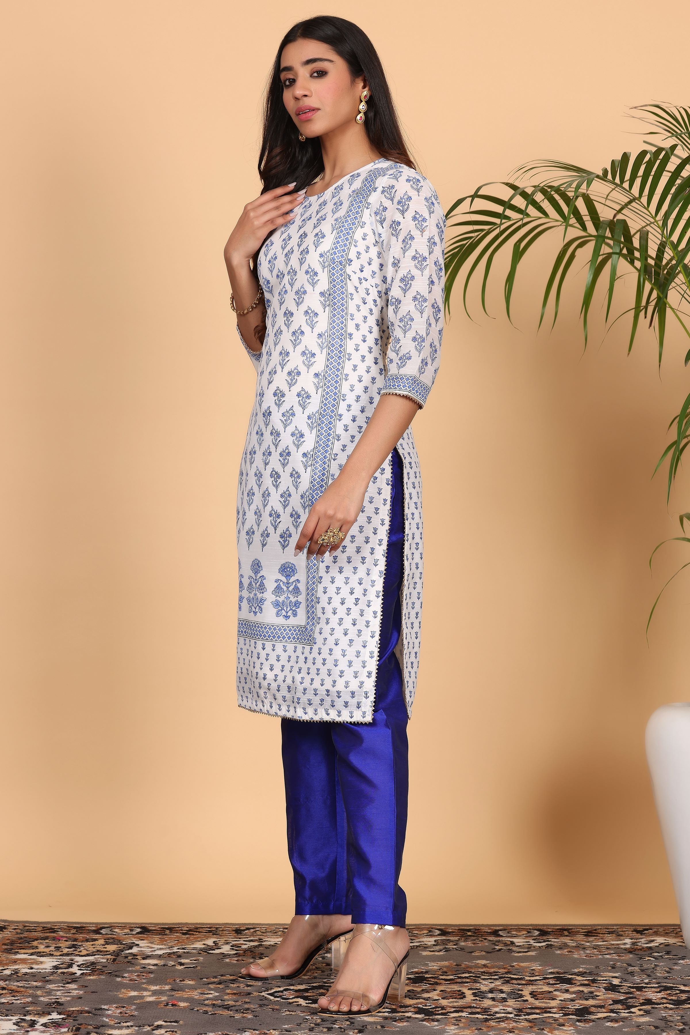 Kaanchie Nanggia Blue Cotton Printed Kurta Dupatta with Pants (Set of 3)