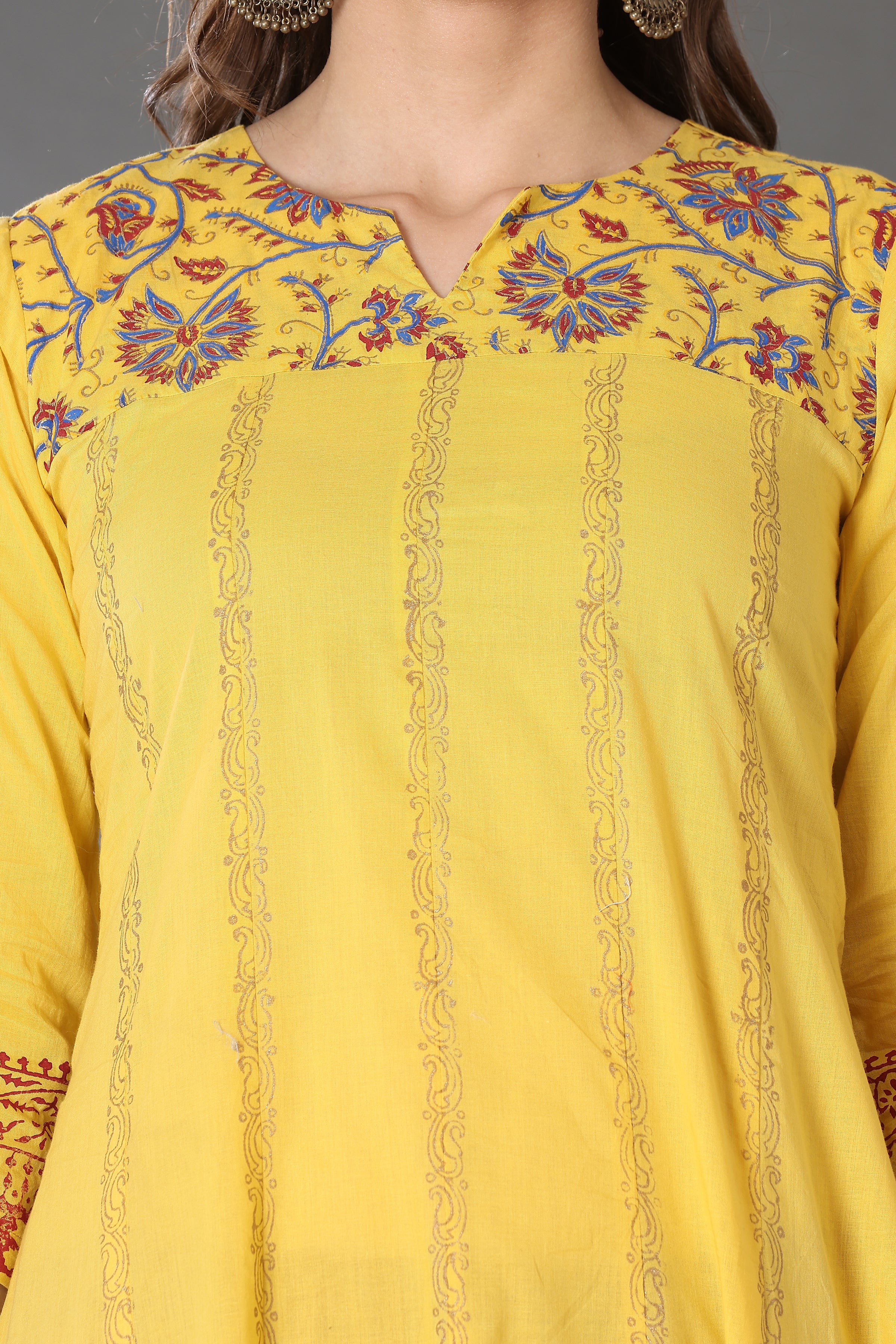 Kaanchie Nanggia Yellow Block Printed Anarkali with Leggings and Dupatta (Set of 3)