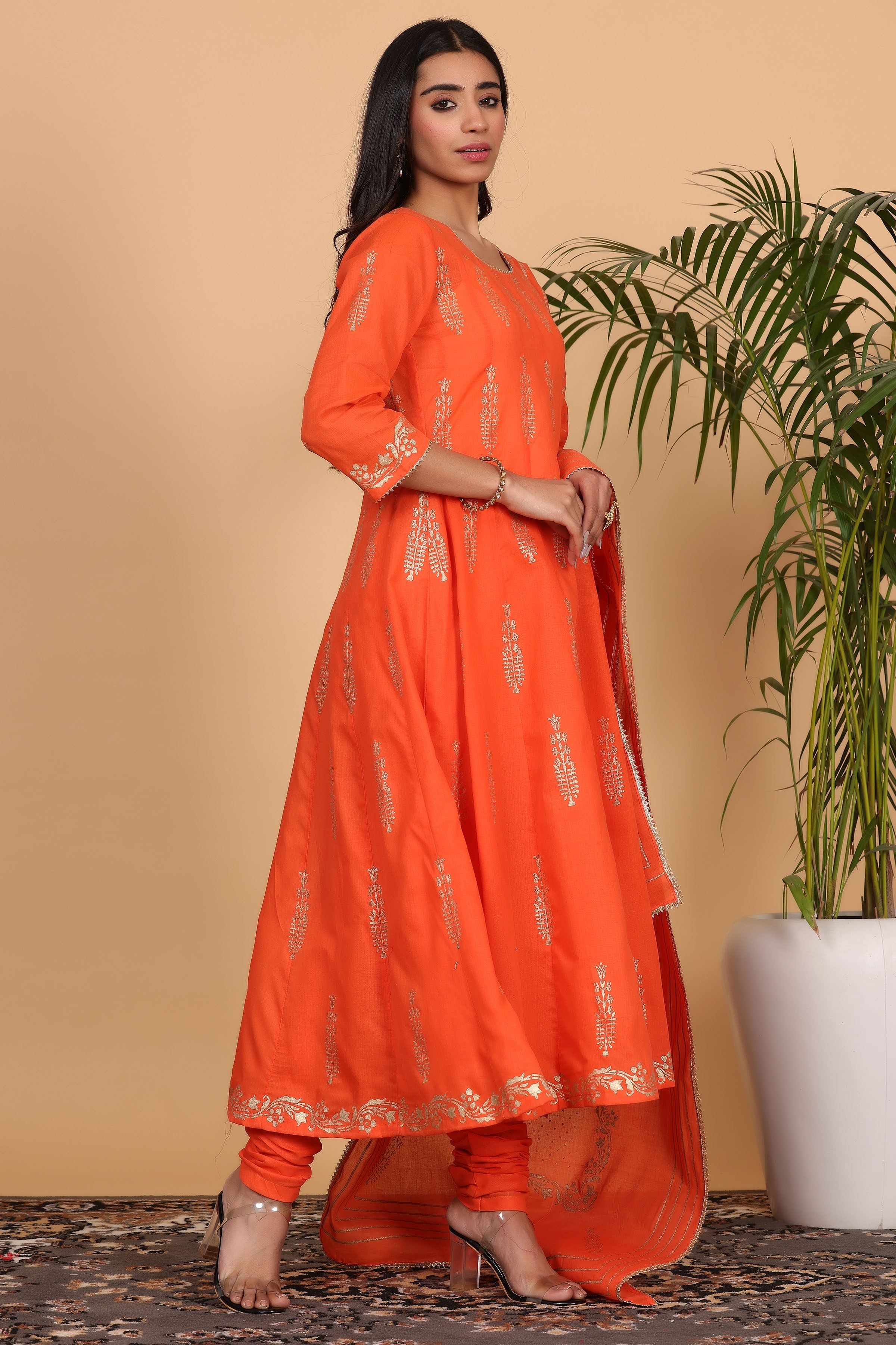 Kaanchie Nanggia Orange Printed Kalidar Kurta Dupatta with Churidar (Set of 3)