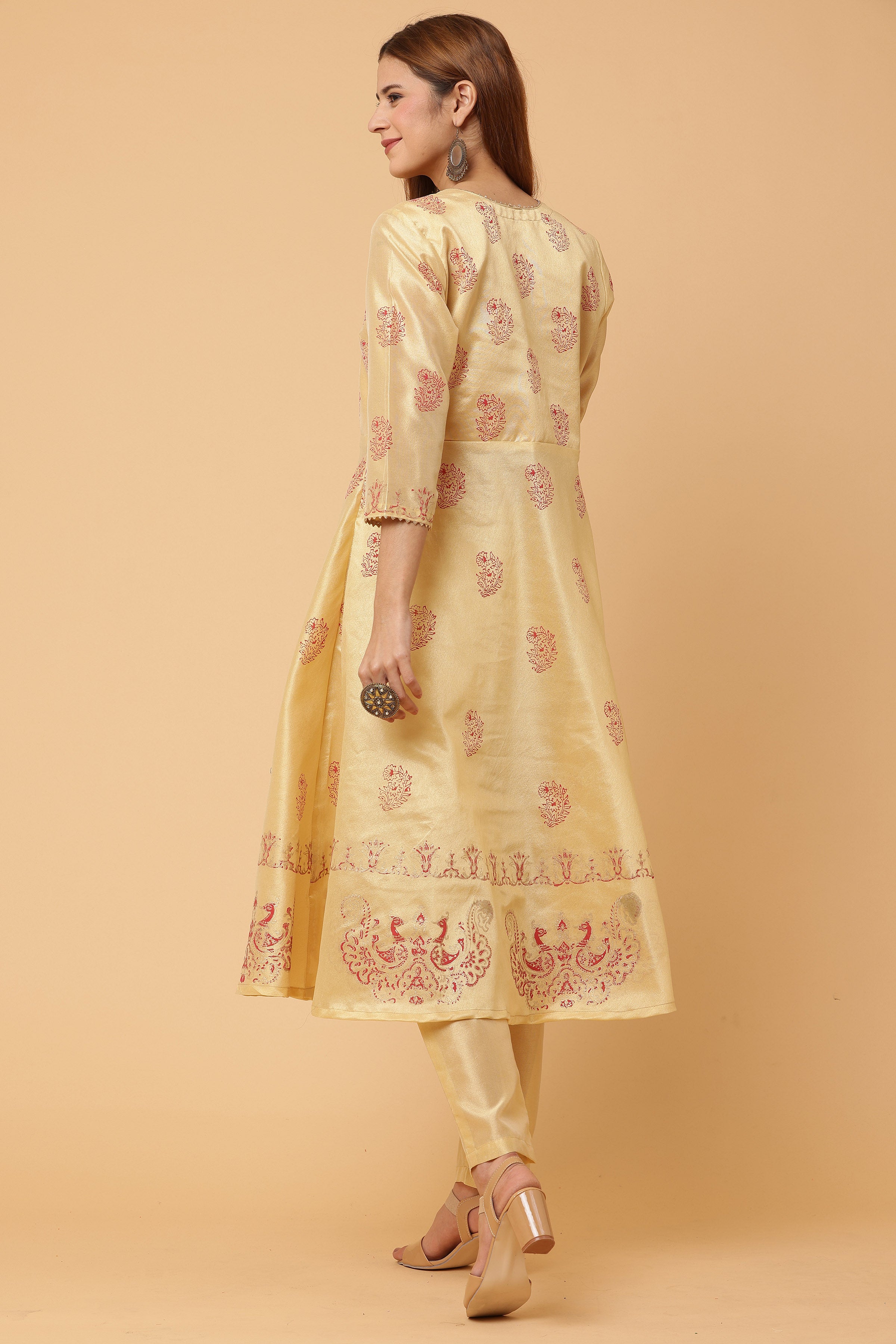 Kaanchie Nanggia Beige Flared Printed Kurta with Pant (Set of 2)