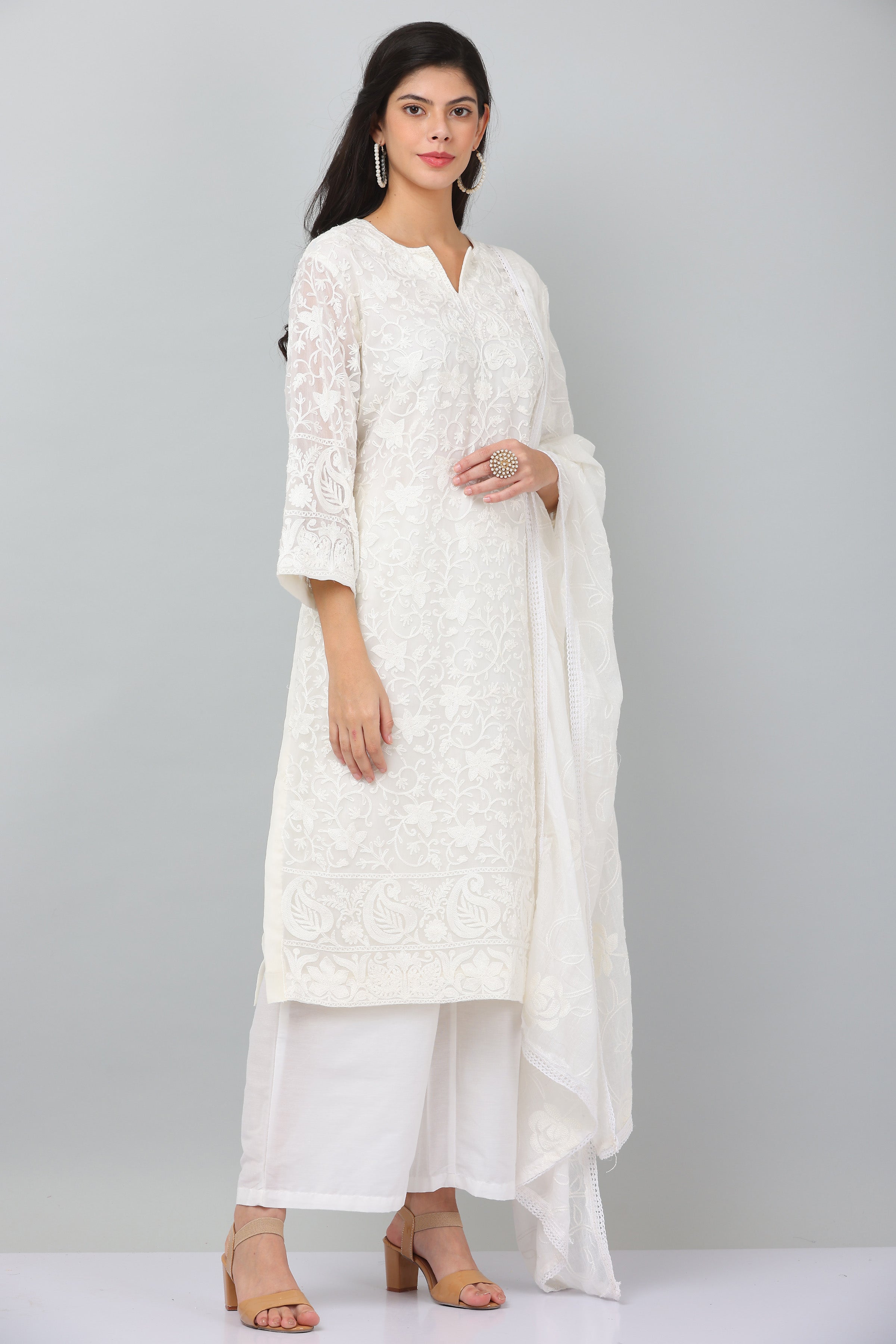 Kaanchie Nanggia White Georgette Embroidered Kurta & Dupatta with Pant (Set of 3)