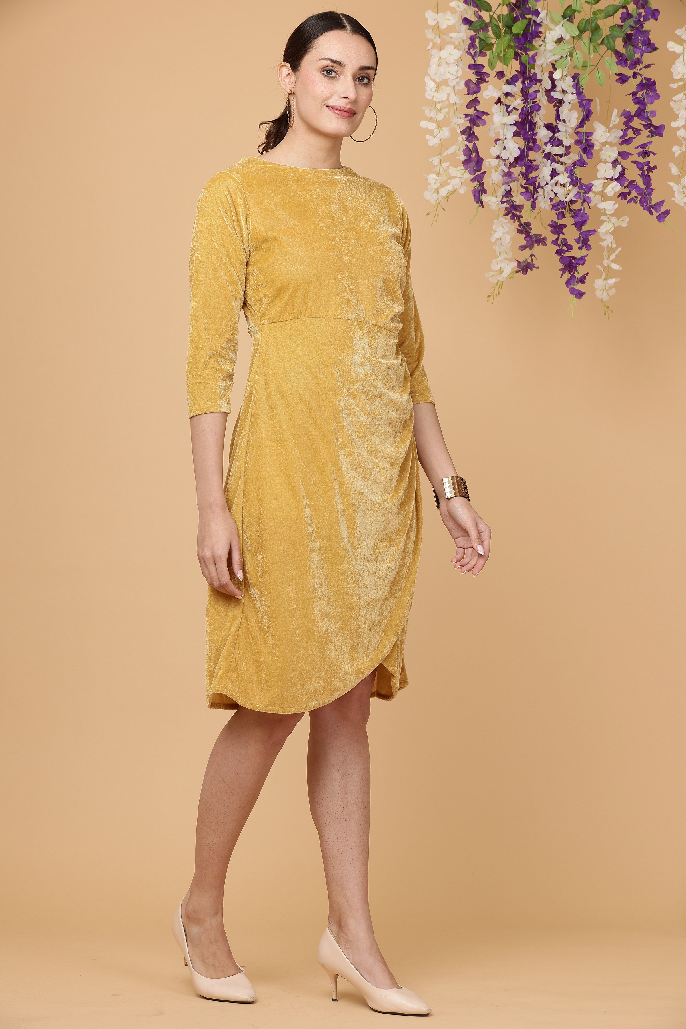 Kaanchie Nanggia Yellow Boat Neck Ruched High Low Dress