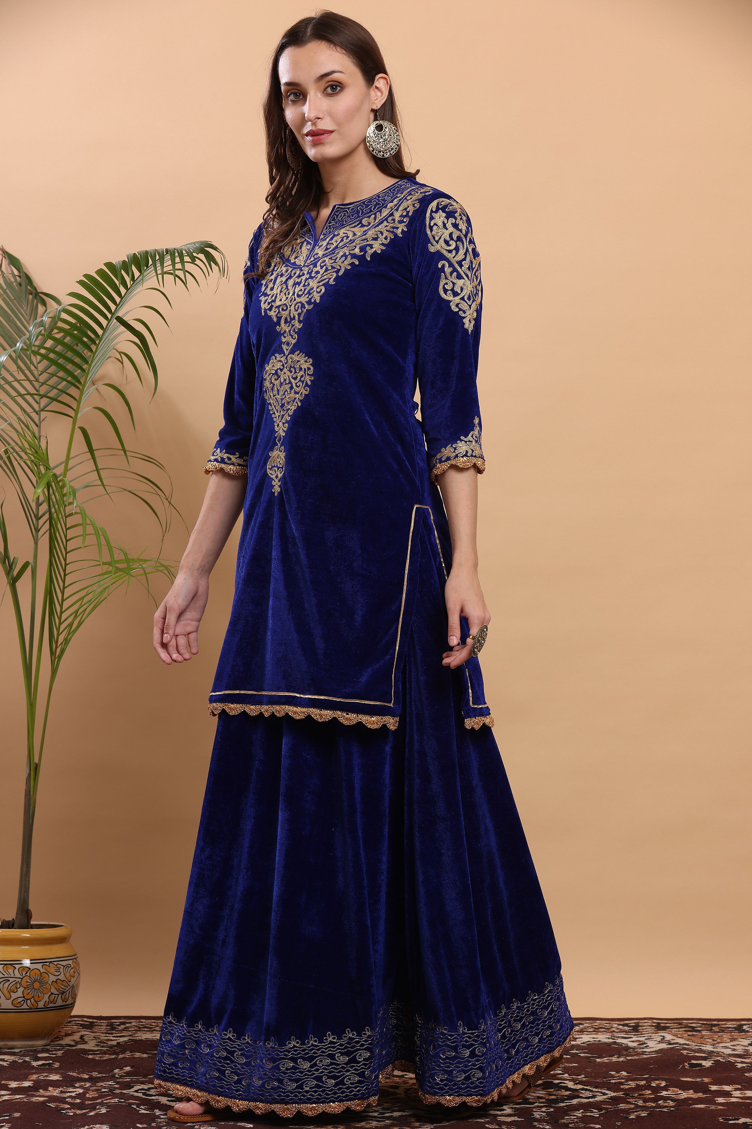 Kaanchie Nanggia Royal Blue Embroidered Kurta Lehenga (Set of 2)