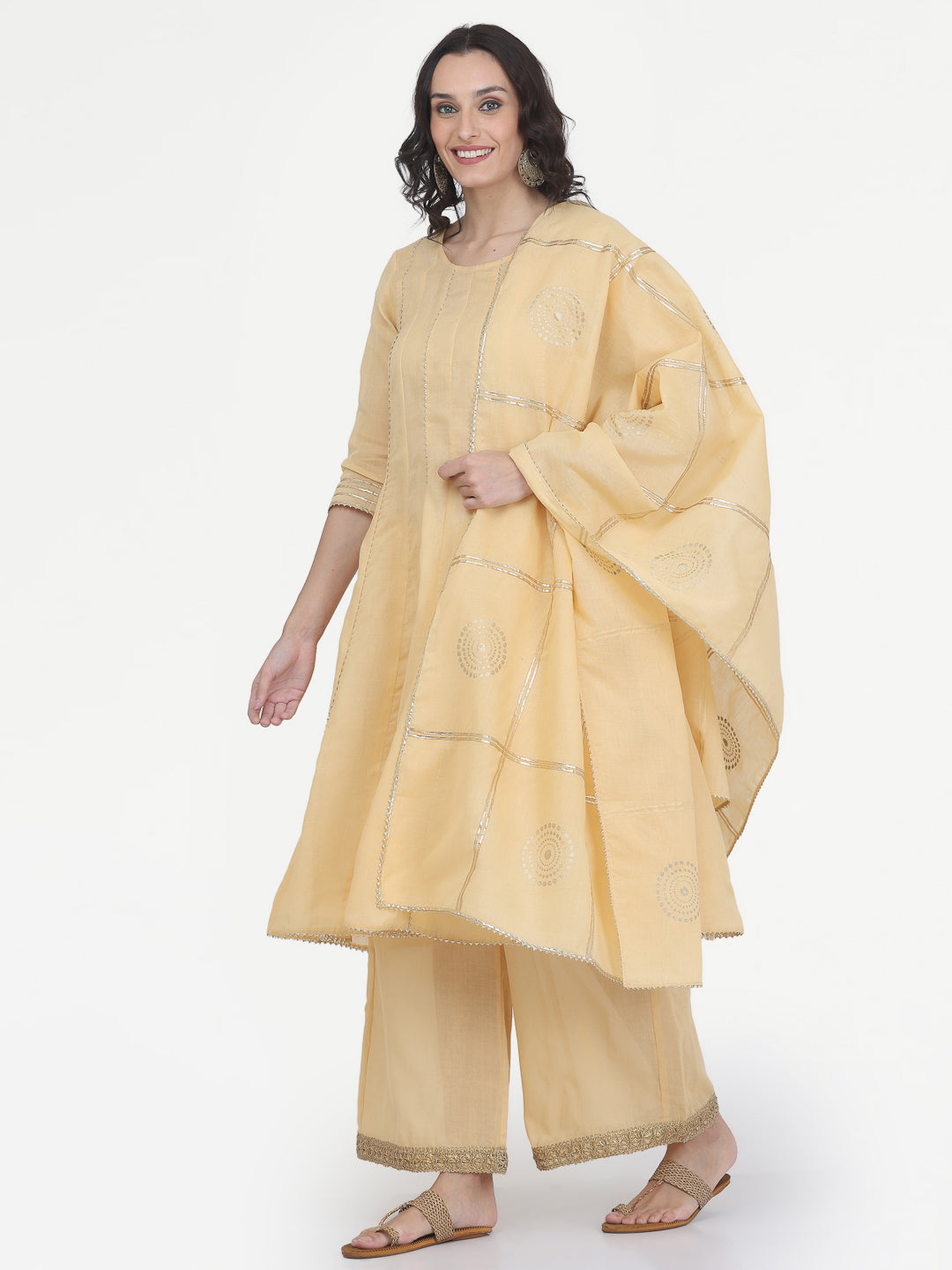 Kaanchie Nanggia Beige Gota Work Kurta Pant with Printed Dupatta (Set of 3)