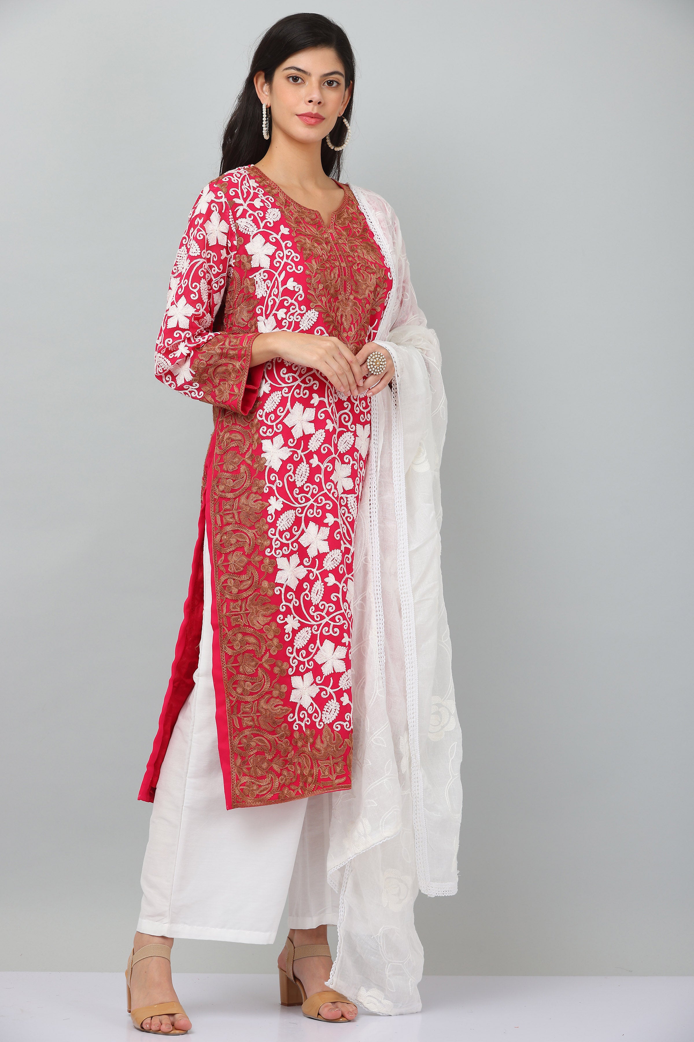 Kaanchie Nanggia Red Georgette Embroidered Kurta & Dupatta with Pant (Set of 3)