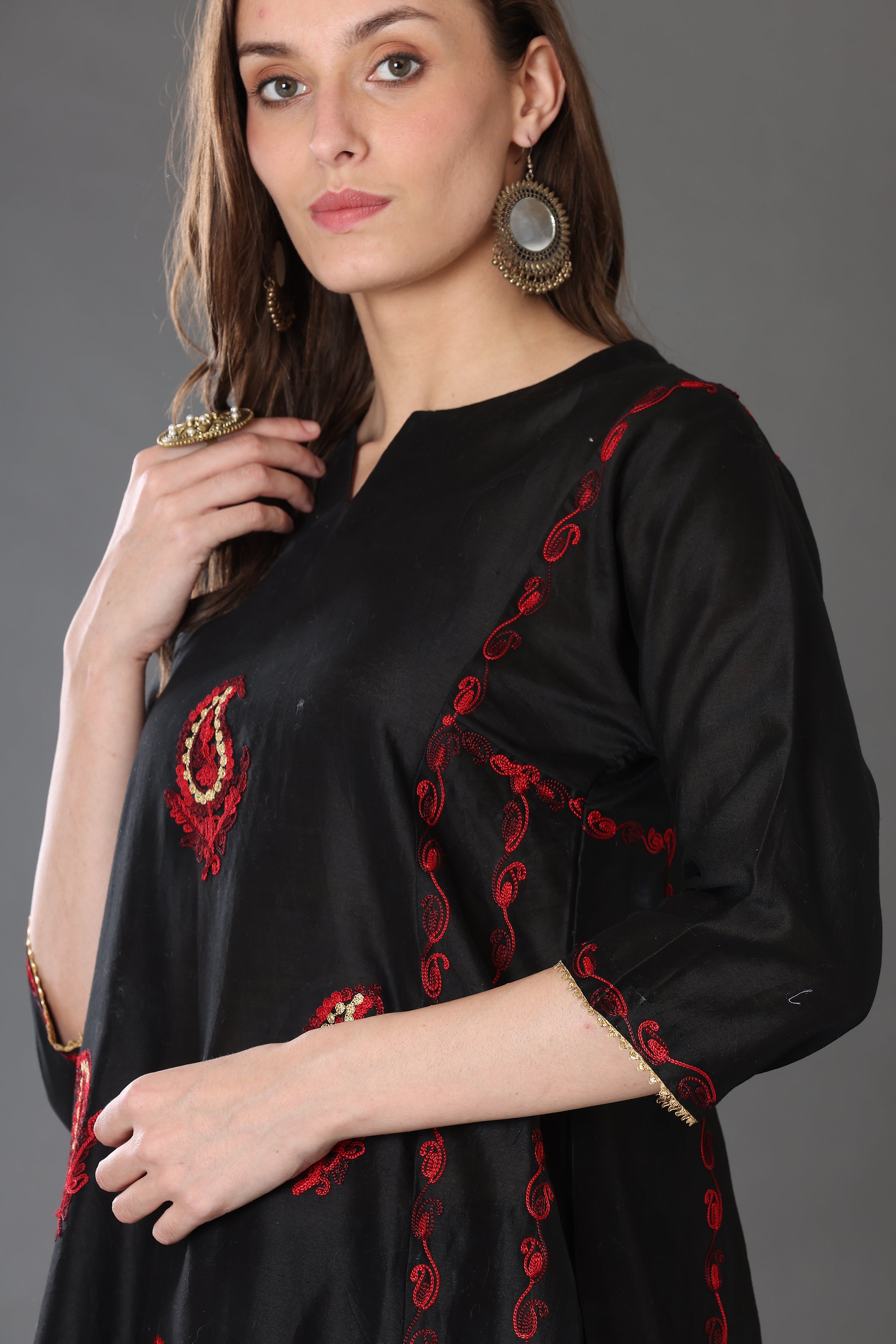 Kaanchie Nanggia Black Embroidered Cotton Silk Kurta Palazzo (Set of 2)