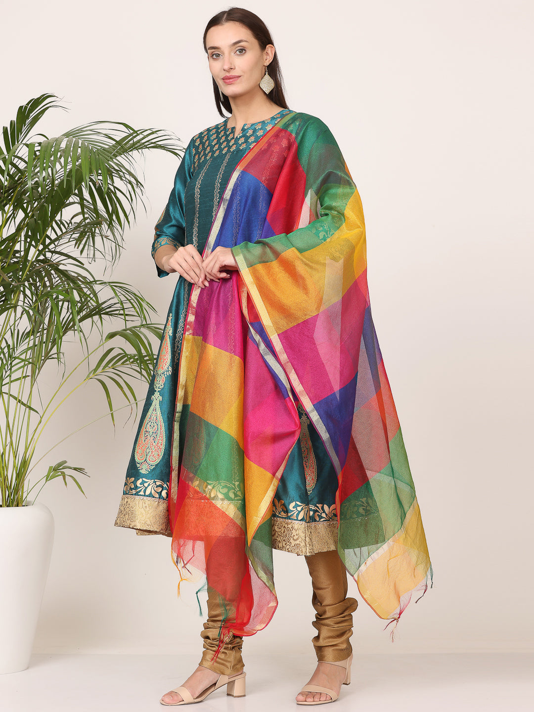 Kaanchie Nanggia Dark Green Silk Printed Anarkali Churidar with Dupatta (Set of 3)