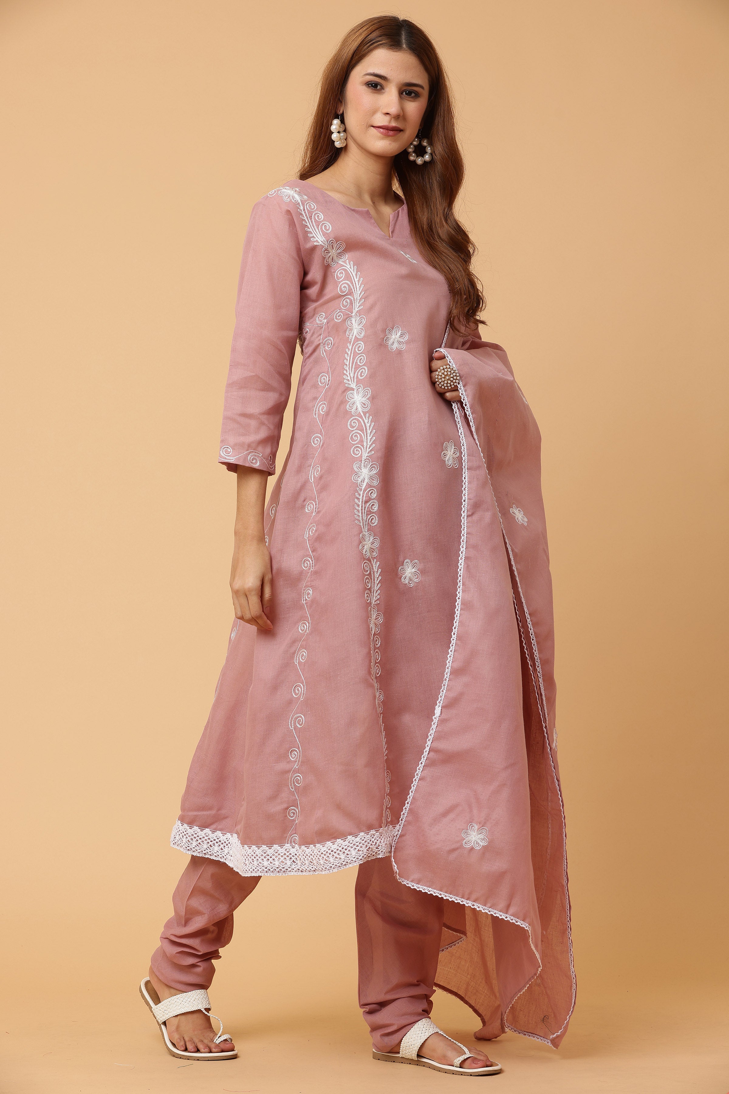 Kaanchie Nanggia Dusty Peach Kalidar Emb Kurta Chudidar with Dupatta (Set of 3)