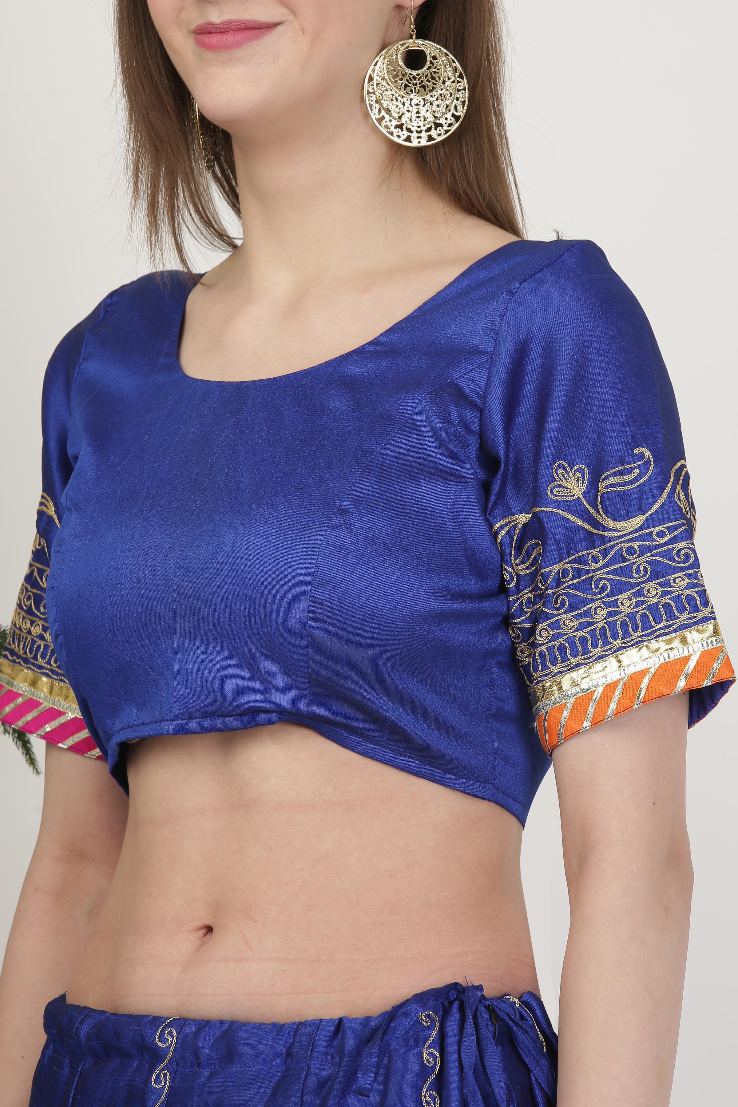 Kaanchie Nanggia Poly Silk Blue Embroidery Lehenga (Set of 3)