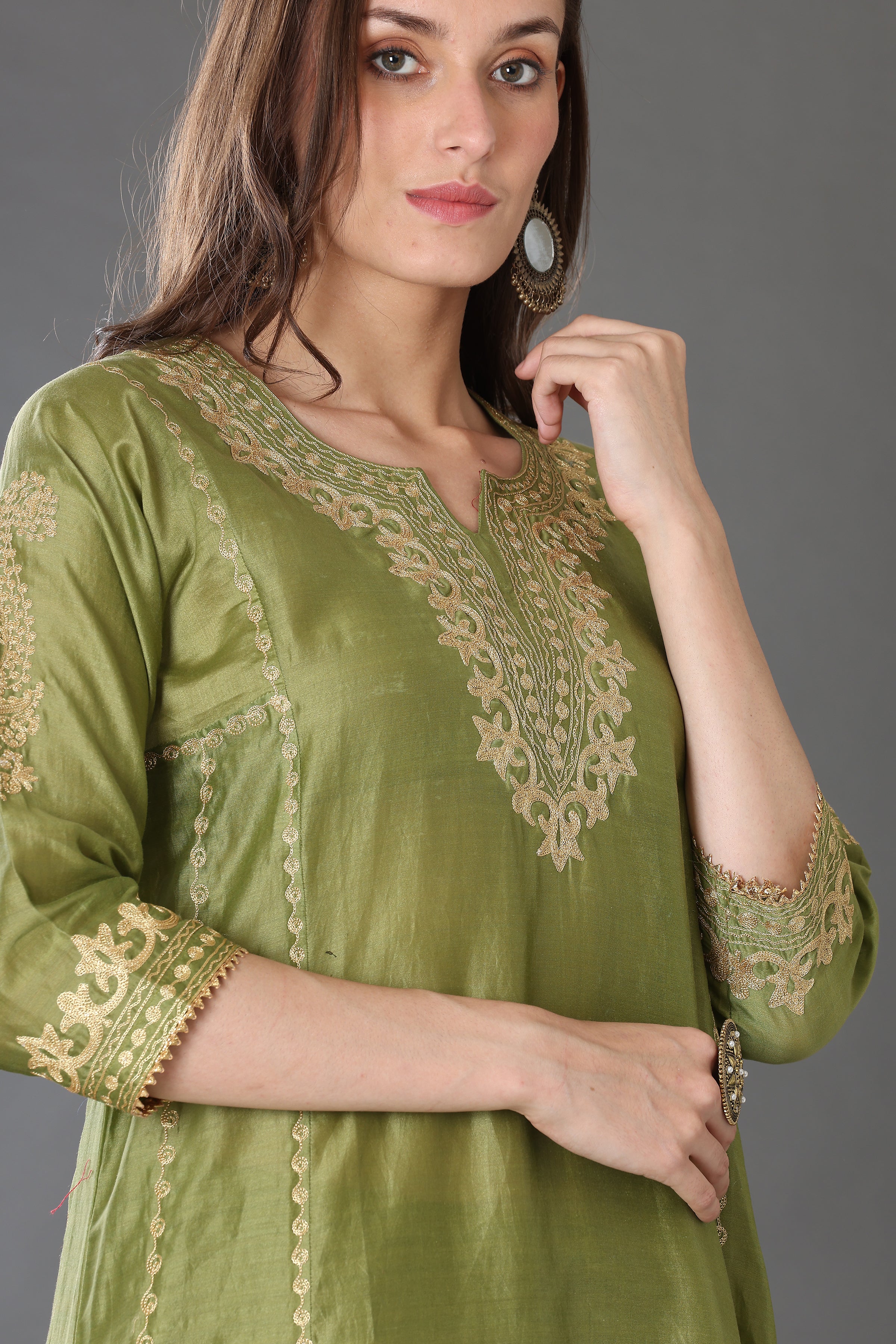 Kaanchie Nanggia Green Embroidered Cotton Silk Kurta Palazzo (Set of 2)