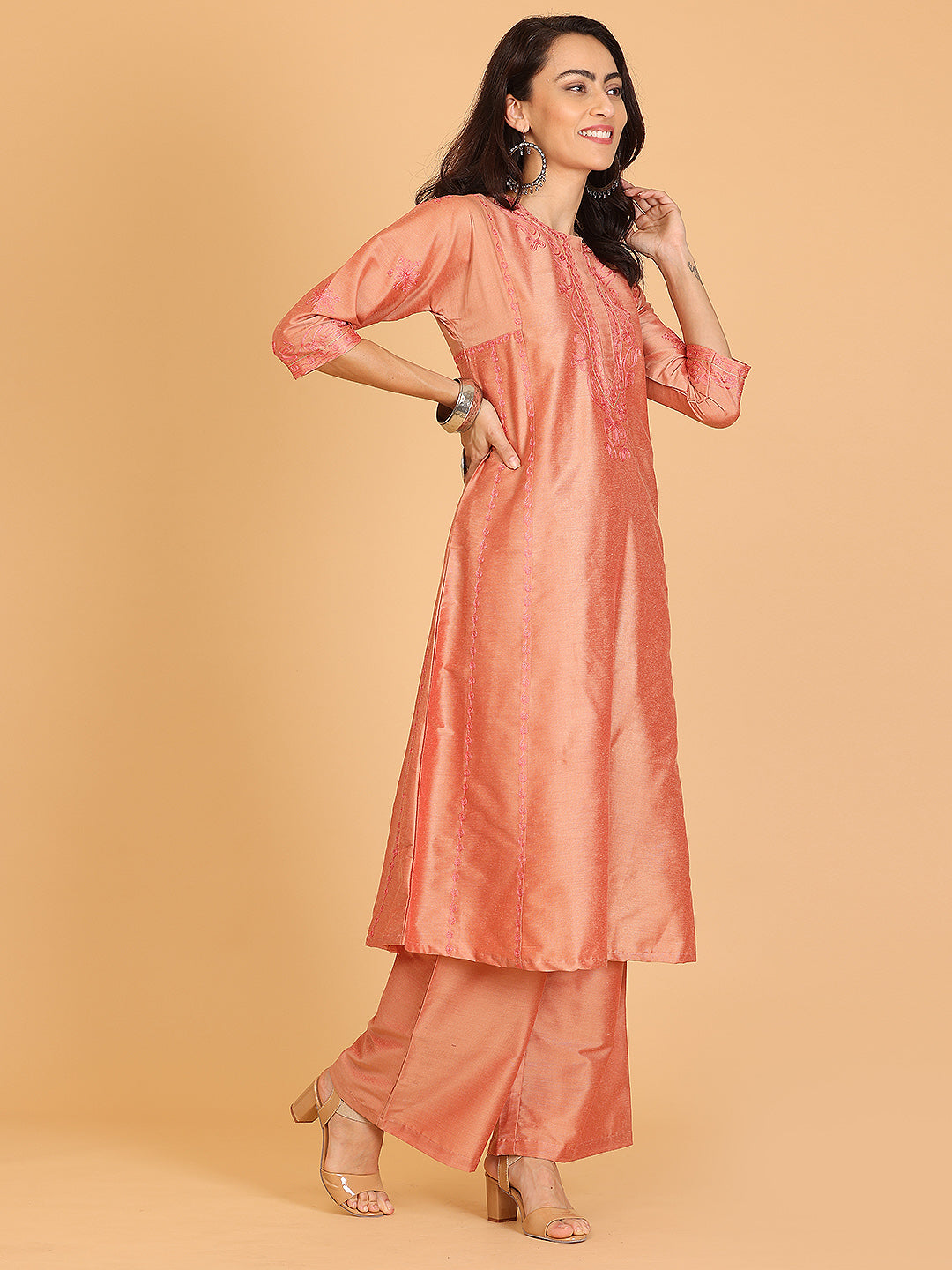 Kaanchie Nanggia Dusty Peach Embroidered Cotton Silk Flayred Kurta and Palazzo (Set of 2)