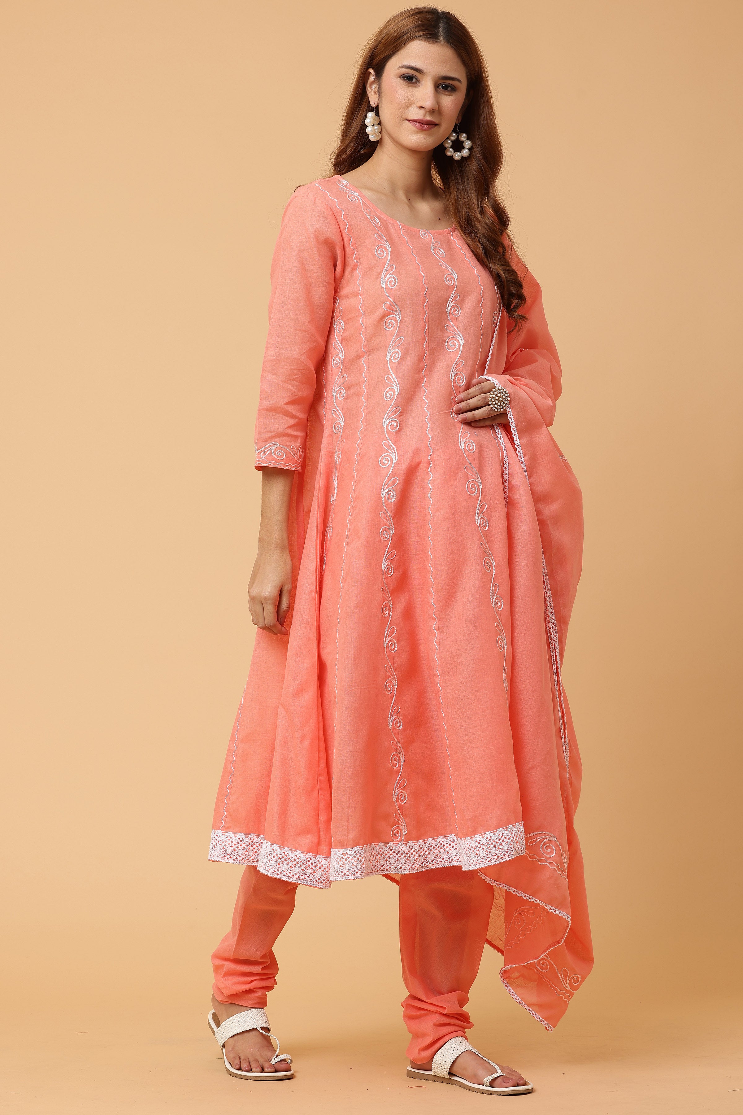 Kaanchie Nanggia Peach Kalidar Embroidered Kurta Chudidar with Dupatta (Set of 3)