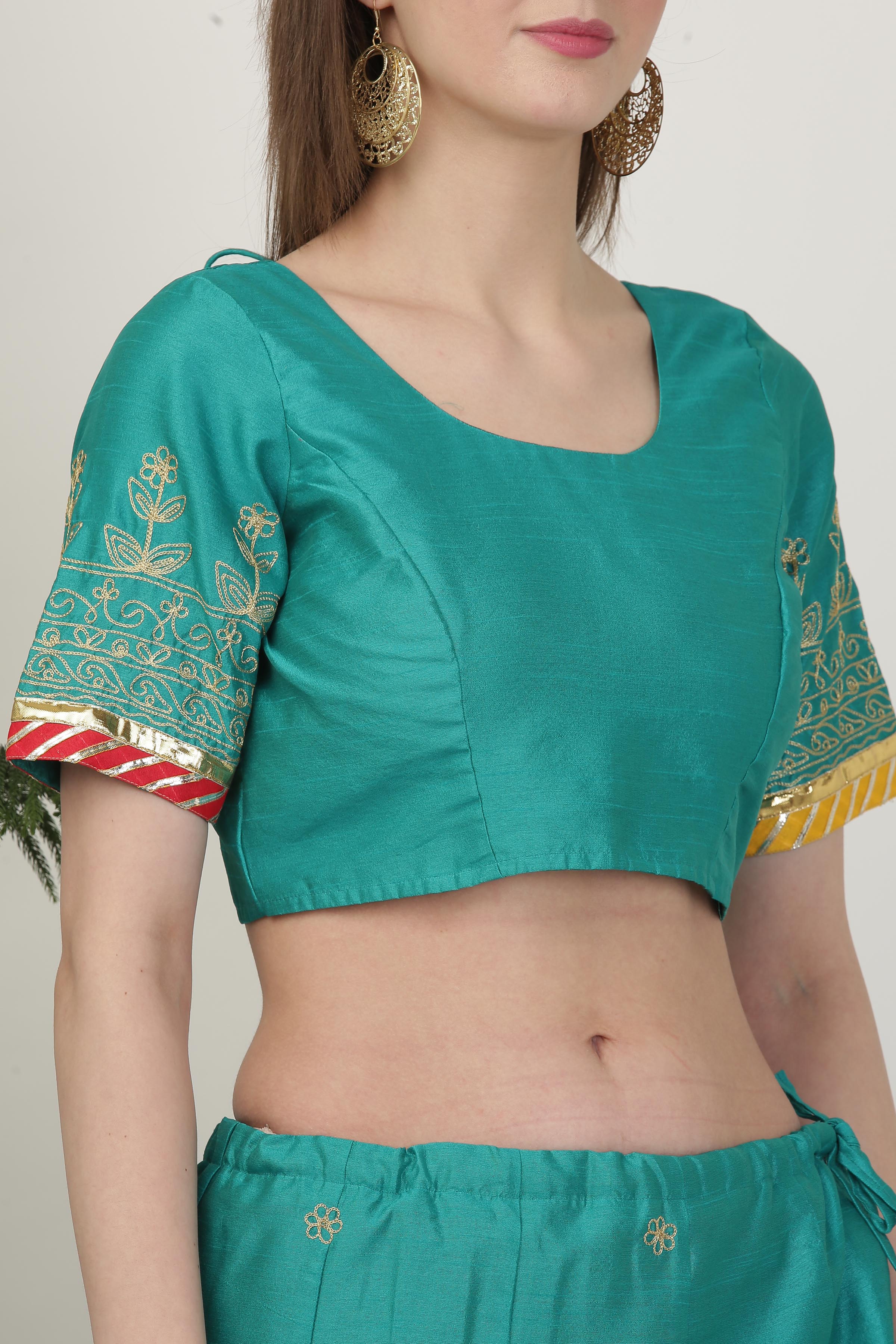 Kaanchie Nanggia Turquoise Blue Embroidered Ready to Wear Lehenga & Blouse With Dupatta (Set of 3)