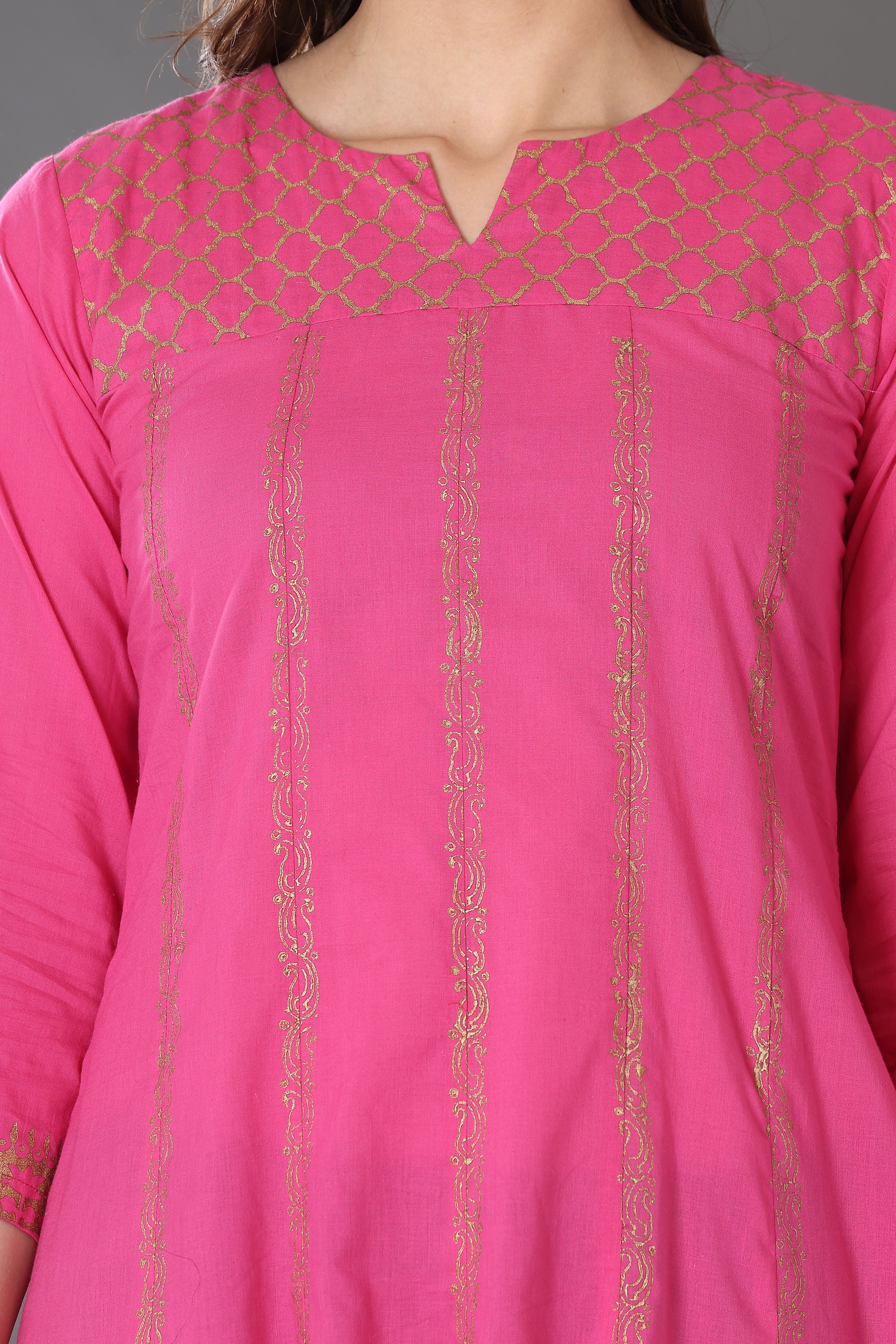 Kaanchie Nanggia Pink Block Printed Anarkali with Leggings and Dupatta (Set of 3)