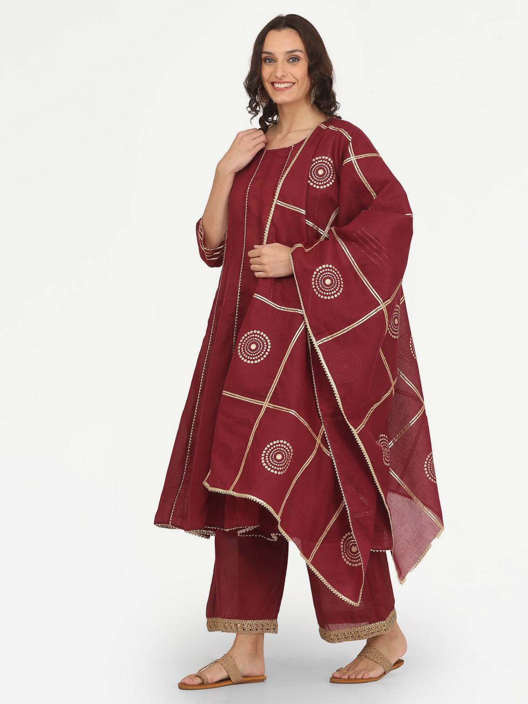 Kaanchie Nanggia Maroon Gota Work Kurta Pant with Printed Dupatta (Set of 3)