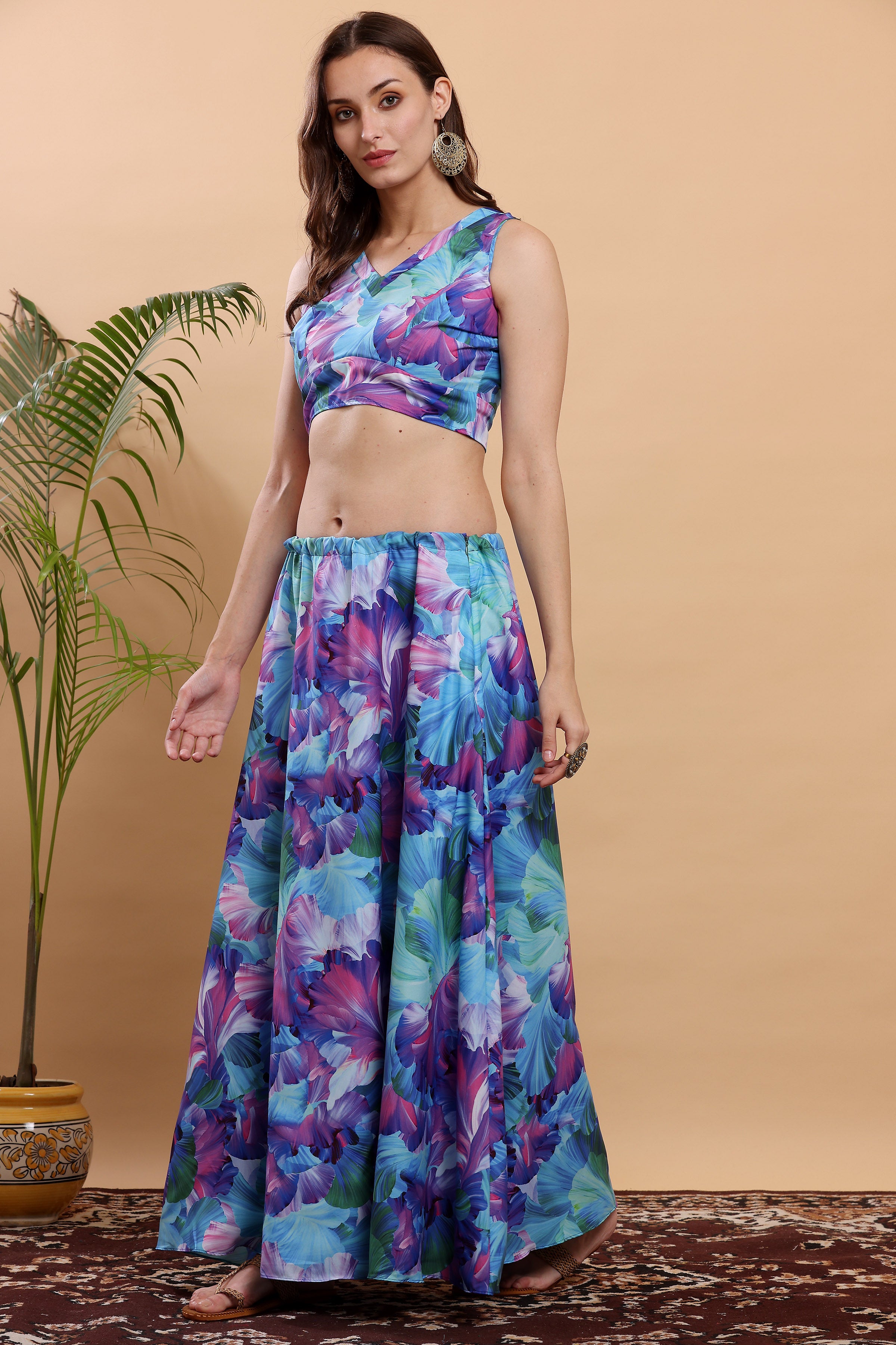 Kaanchie Nanggia Blue & Pink Printed Ready to Wear Lehenga & Choli (Set of 2)