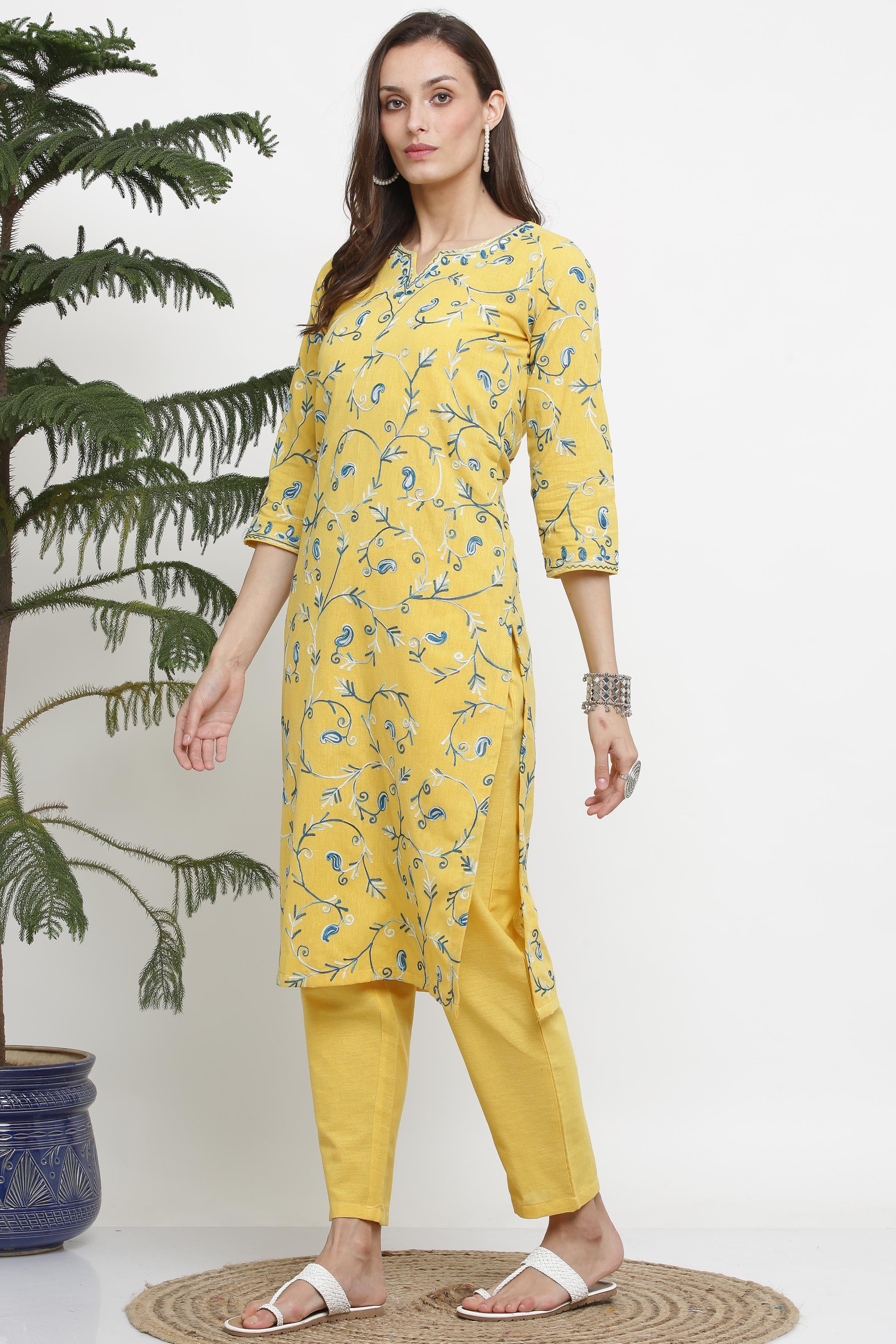 Kaanchie Nanggia Yellow Cotton Embroided Kurta Pant (Set of 2)