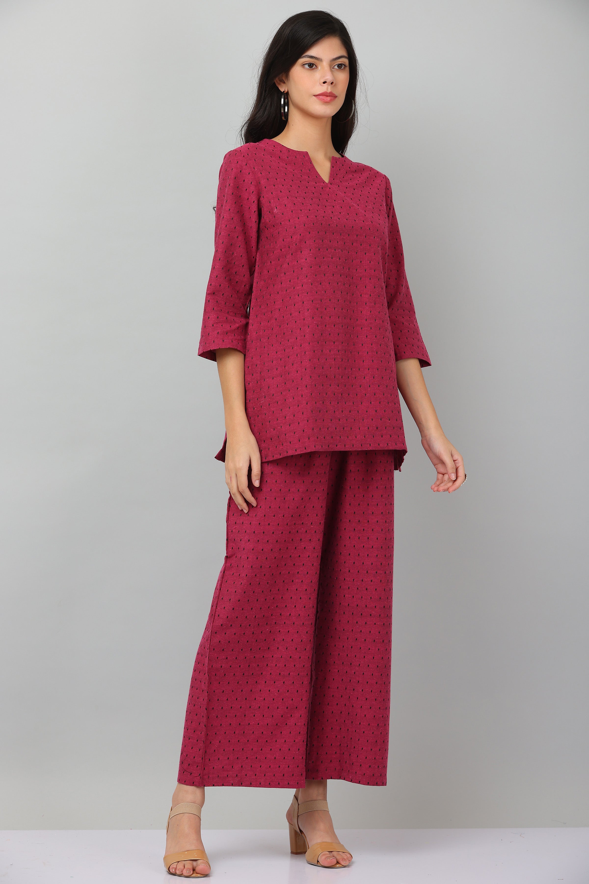 Kaanchie Nanggia Dark Pink Causal Wear Short Kurta & Pants (Set of 2)