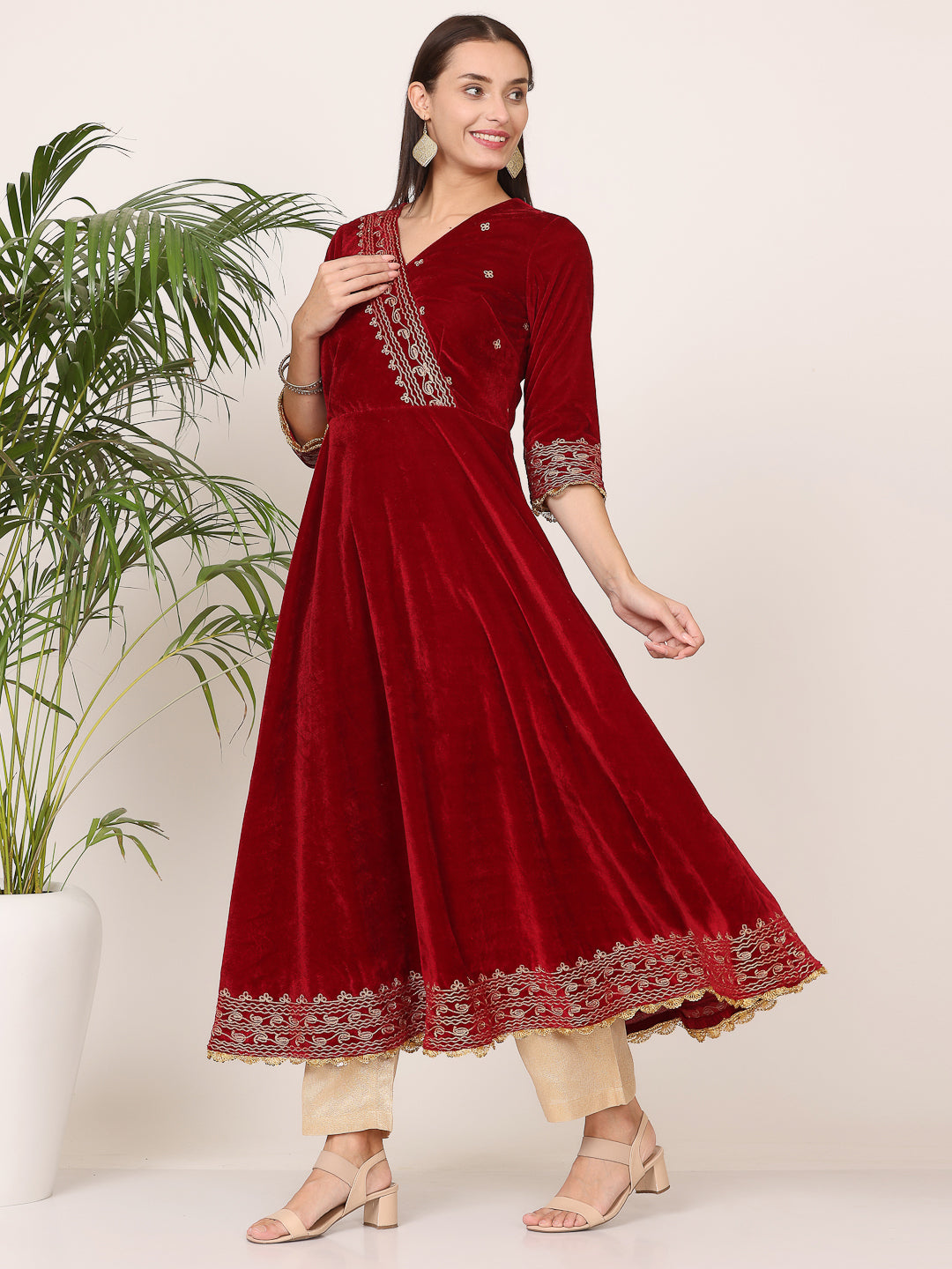 Kaanchie Nanggia Maroon Velvet Embroidered Anarkali with Pant (Set of 2)