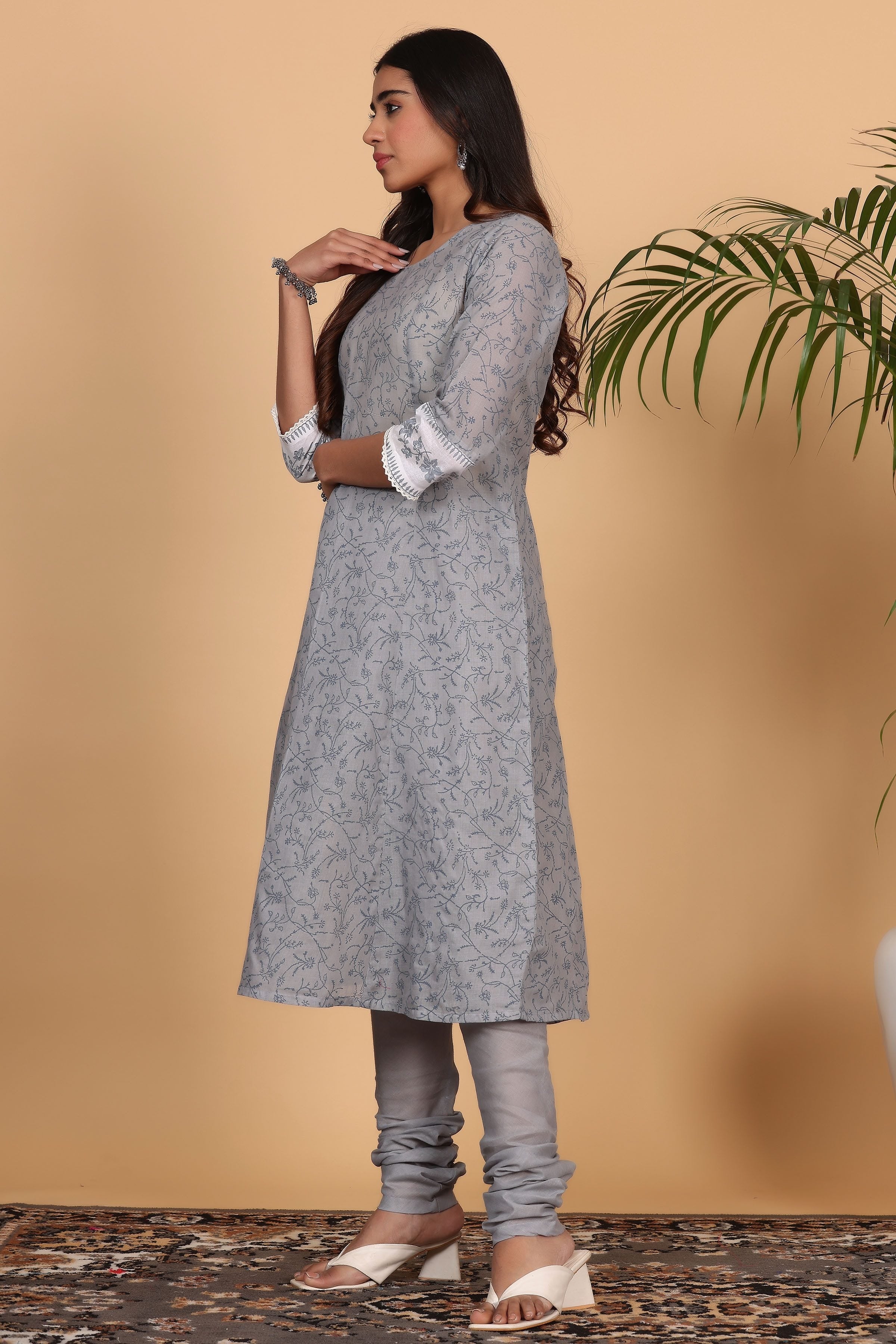 Kaanchie Nanggia Grey Printed Kurta Dupatta with Churidar (Set of 3)