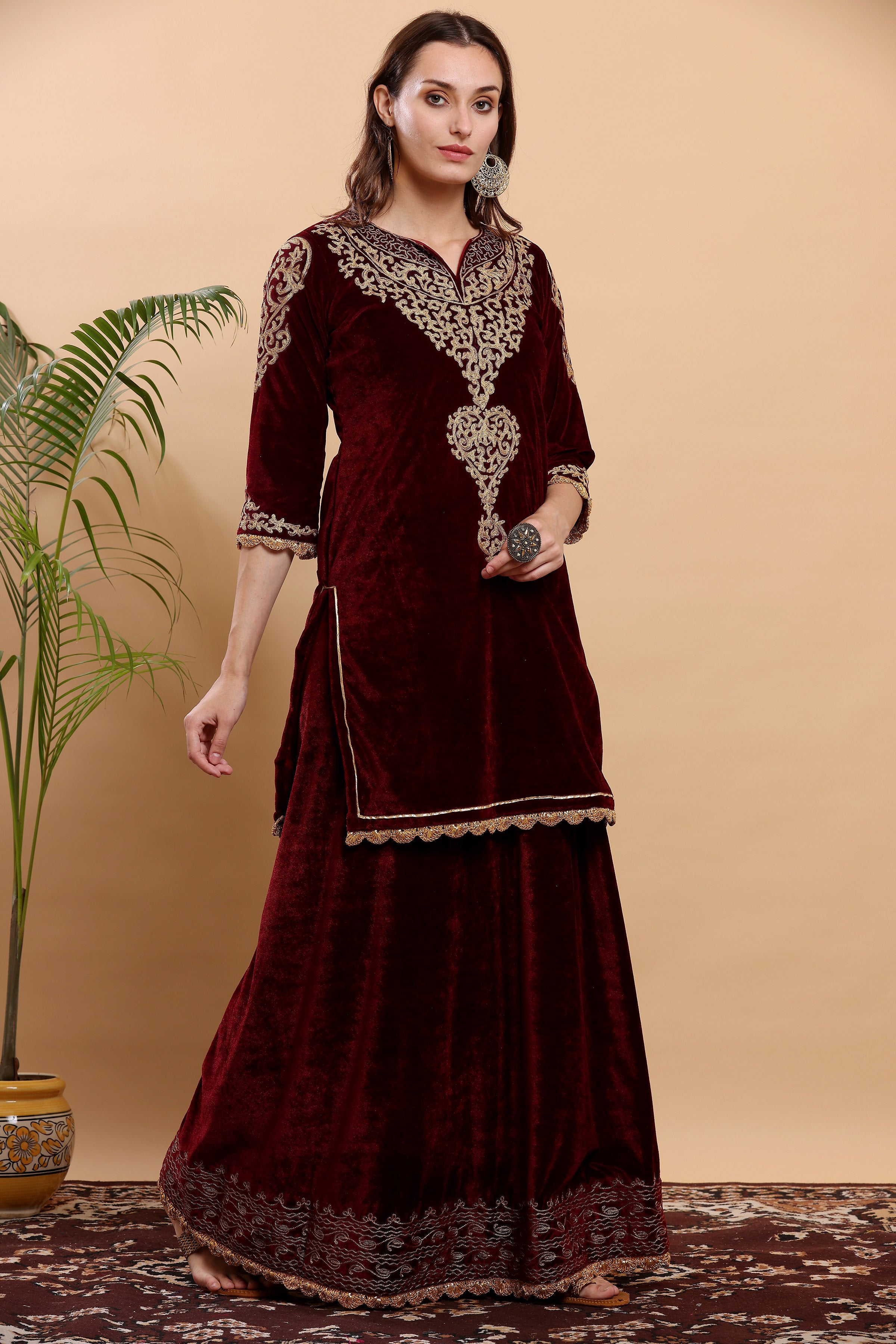 Kaanchie Nanggia Maroon Embroidered Kurta Lehenga (Set of 2)