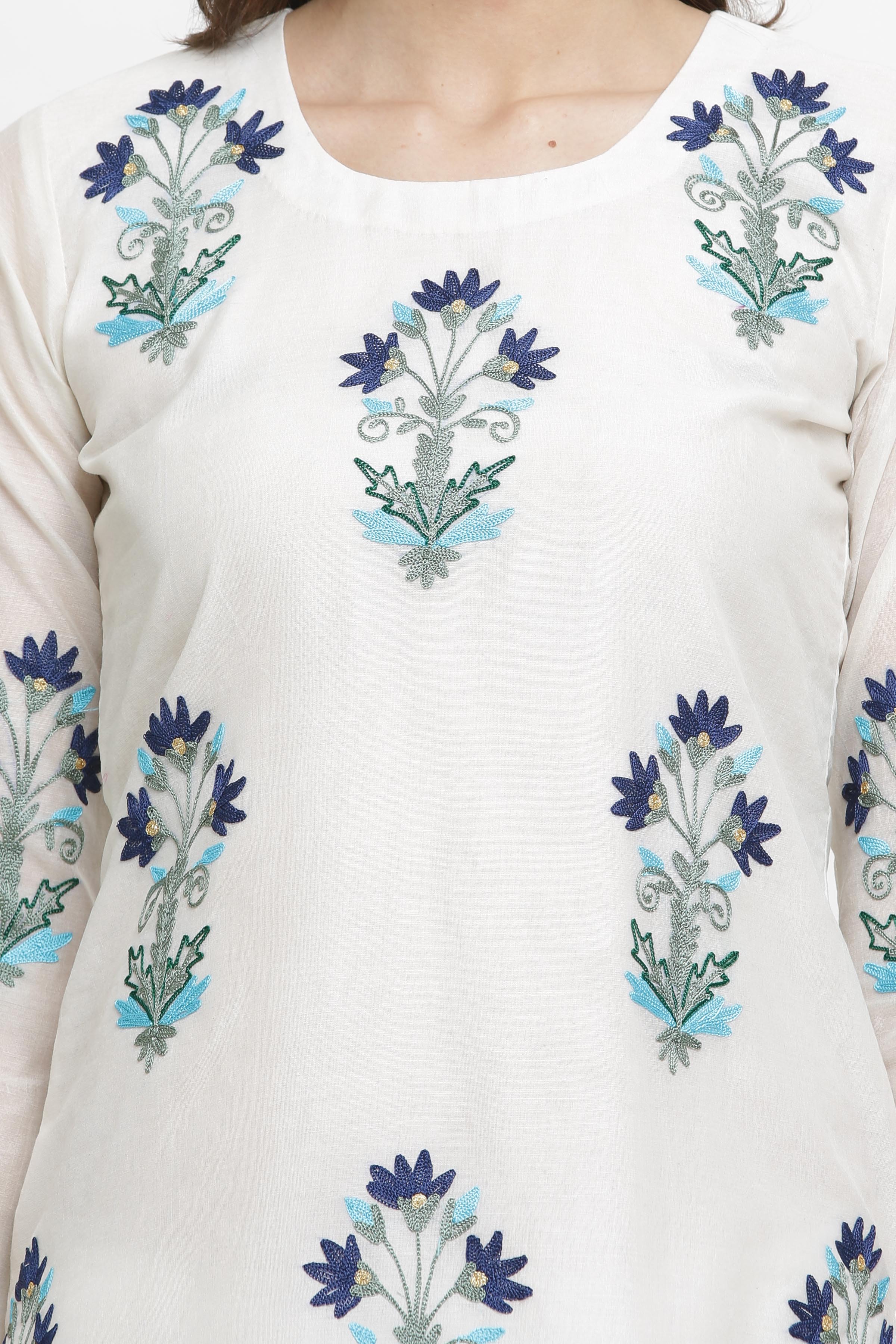 Kaanchie Nanggia White Embroidred A Line Kurta And Pant (Set of 2)