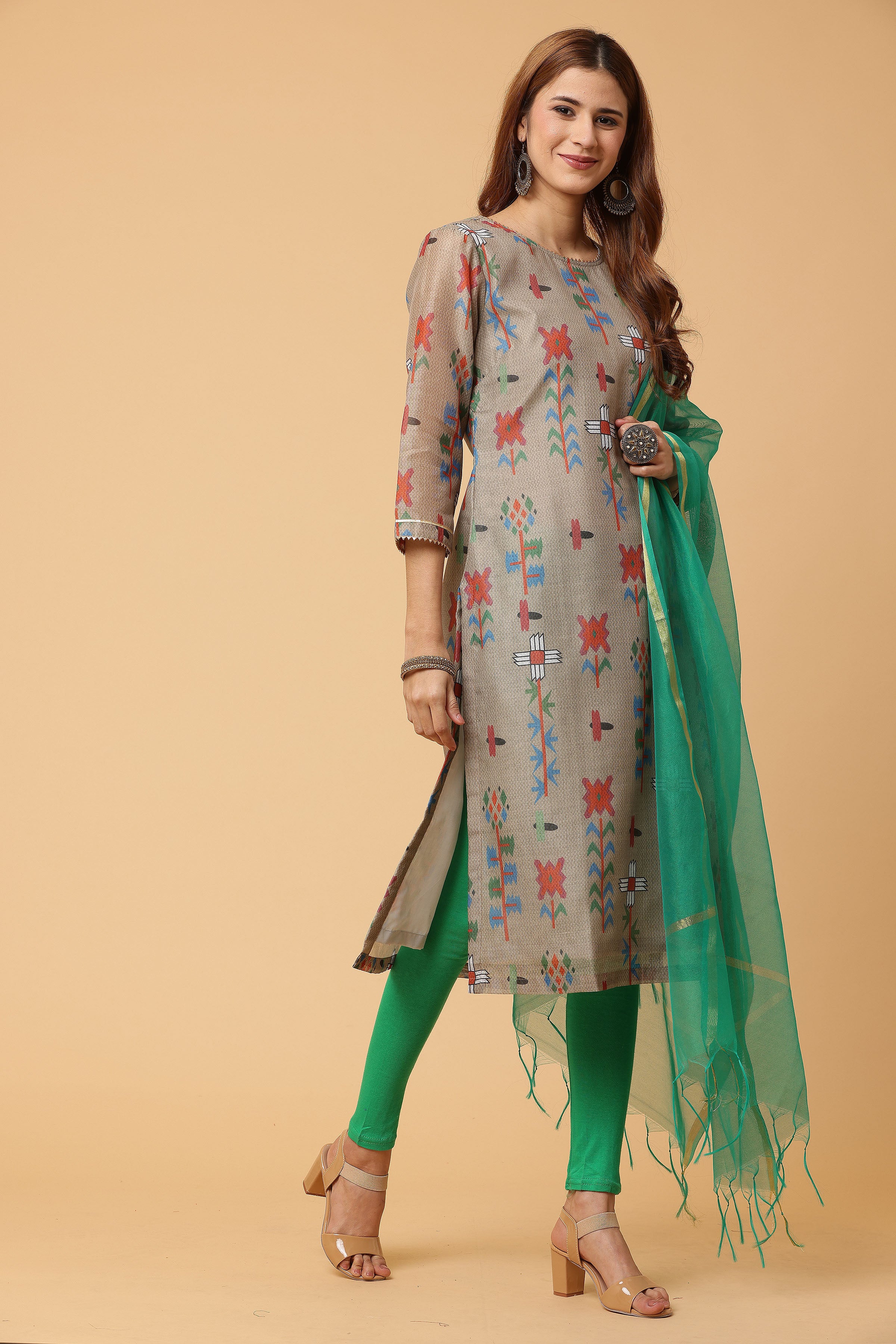 Kaanchie Nanggia Grey Digital Printed Kurta Legging with Dupatta (Set of 3)